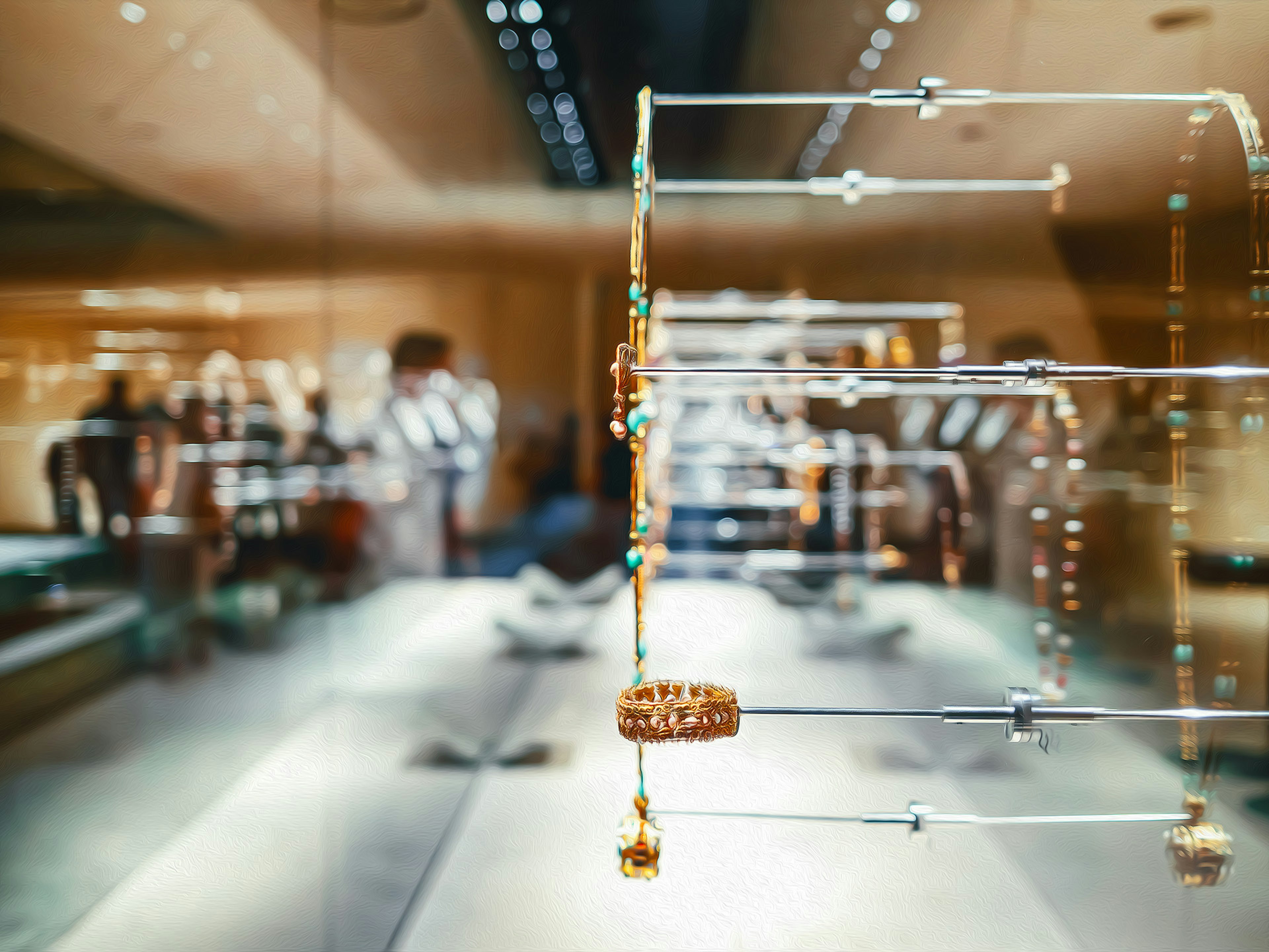 Close-up of beautiful jewelry displayed in a showcase