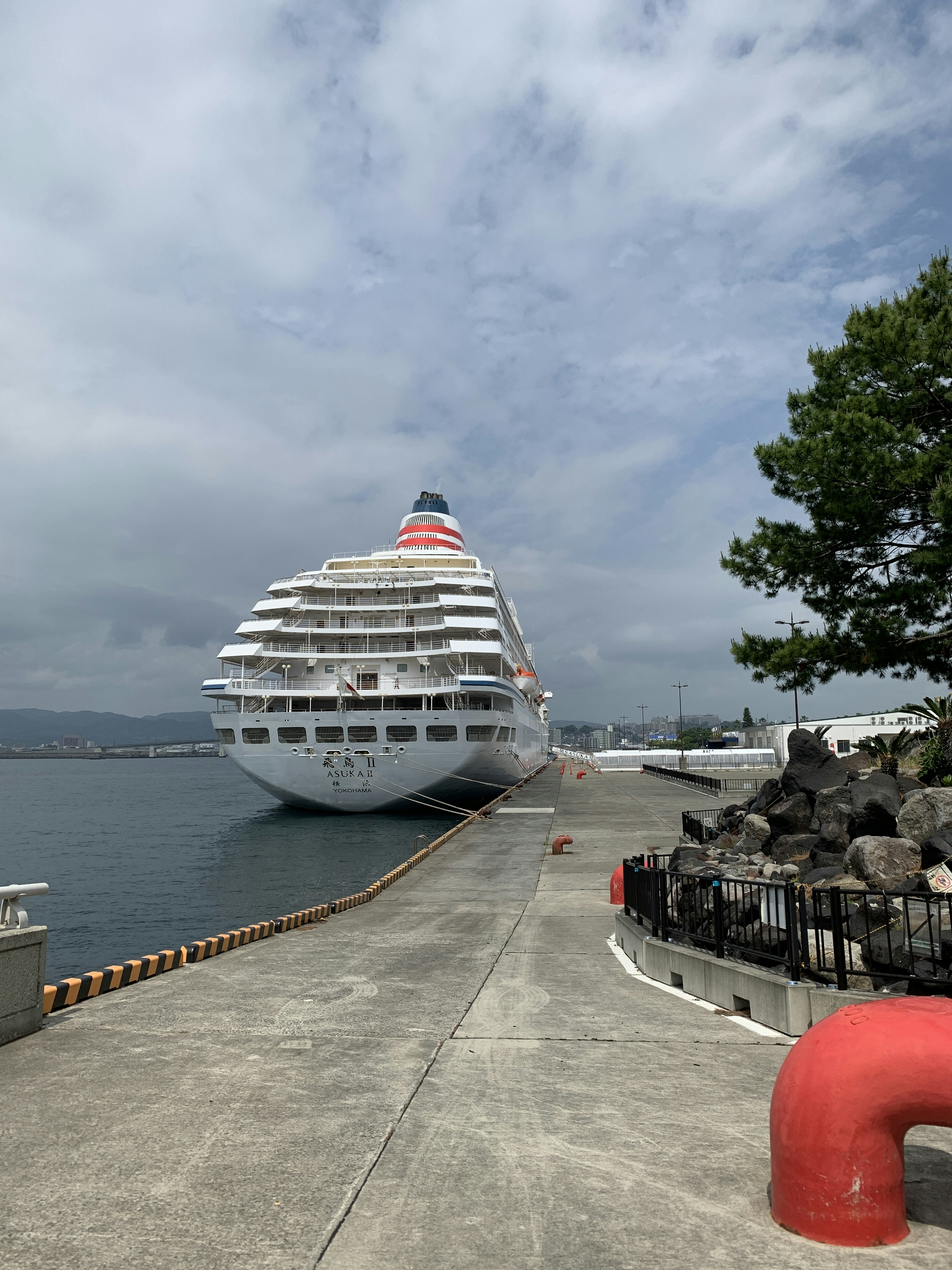 Large cruise ship docked at the harbor with cloudy sky