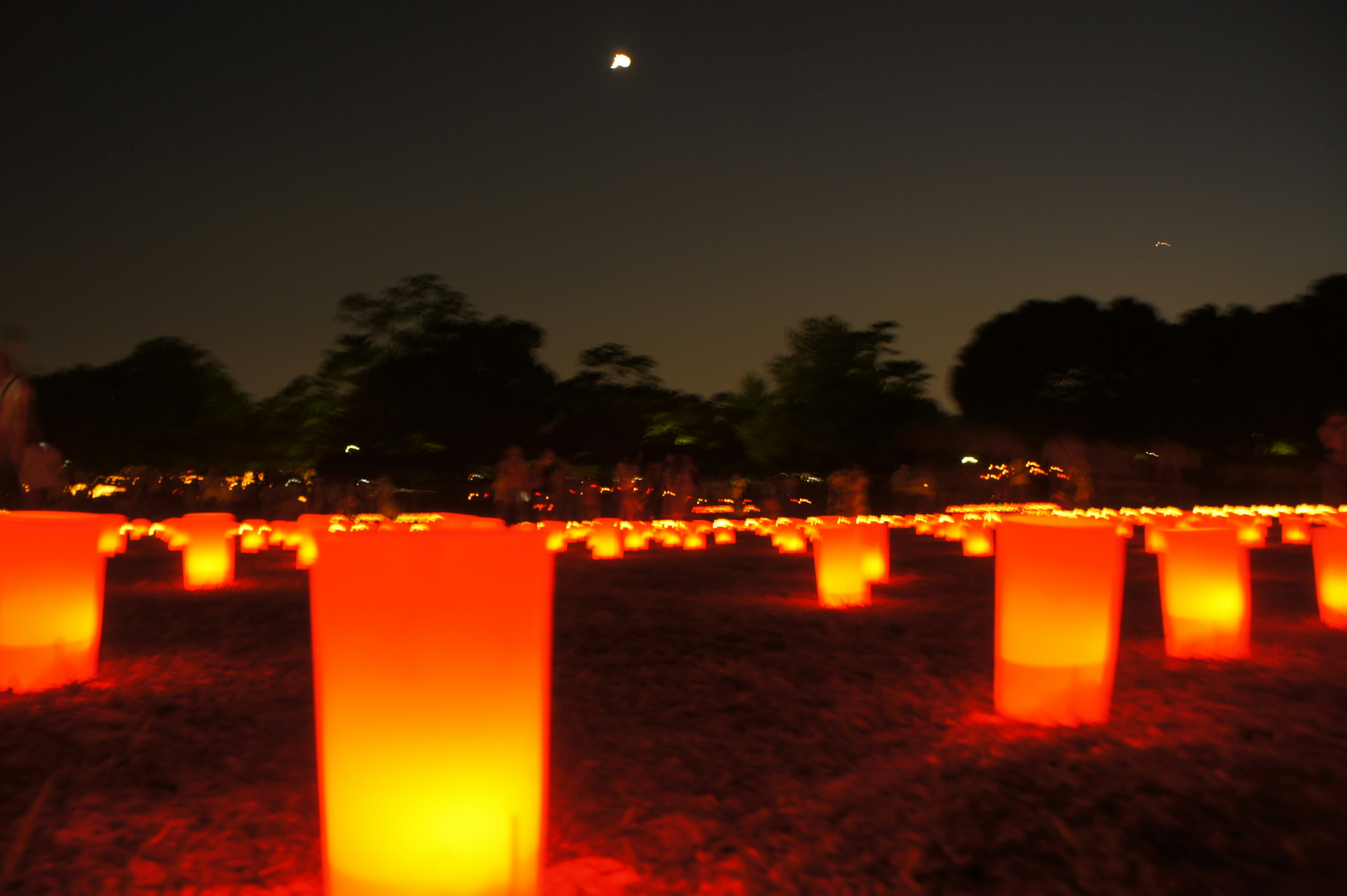 Un paisaje con velas naranjas dispersas brillando en la oscuridad con una luna en el cielo nocturno