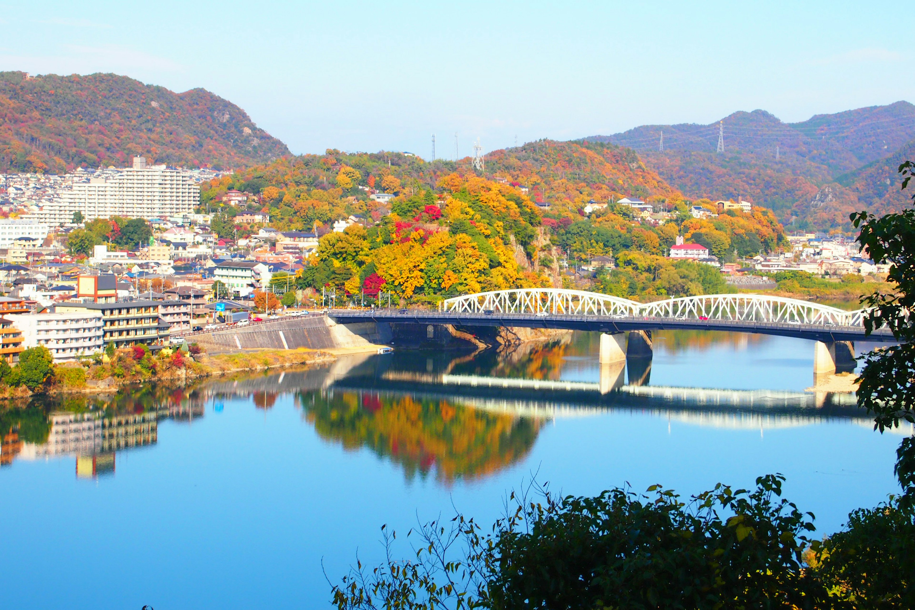 美しい秋の風景と川に架かる橋の景色