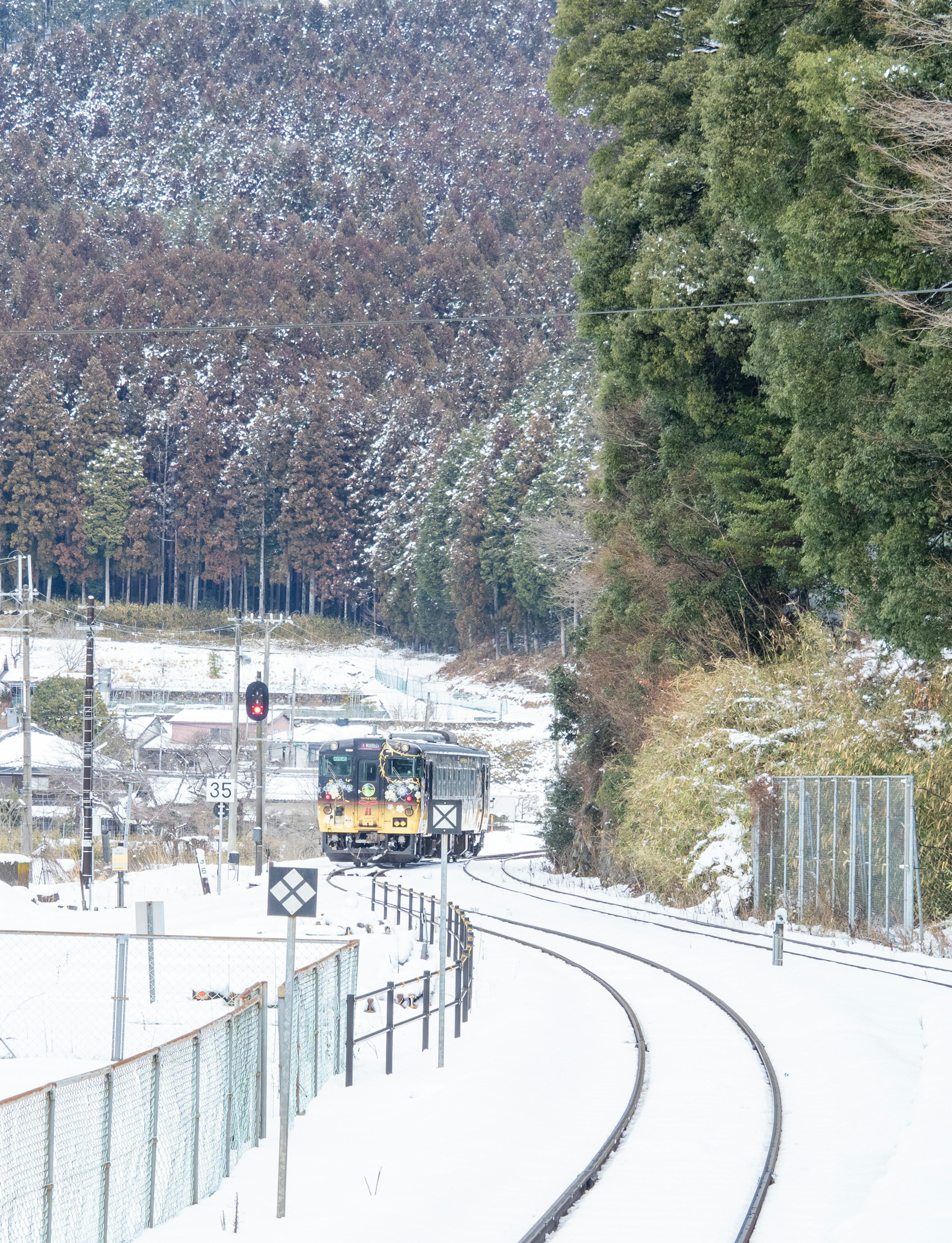 雪に覆われた風景の中を走る列車の画像