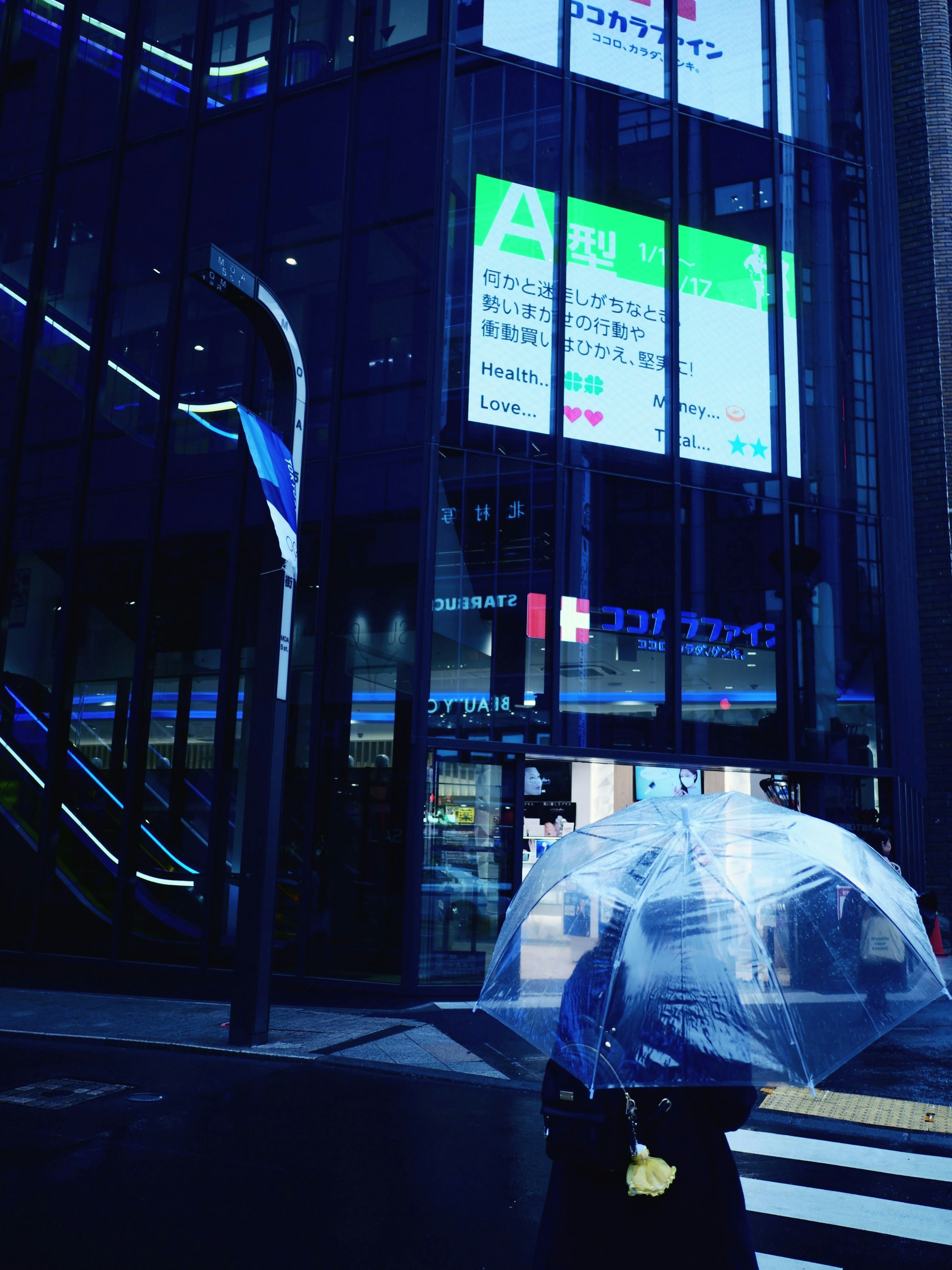 A person holding a transparent umbrella in front of a building in the city