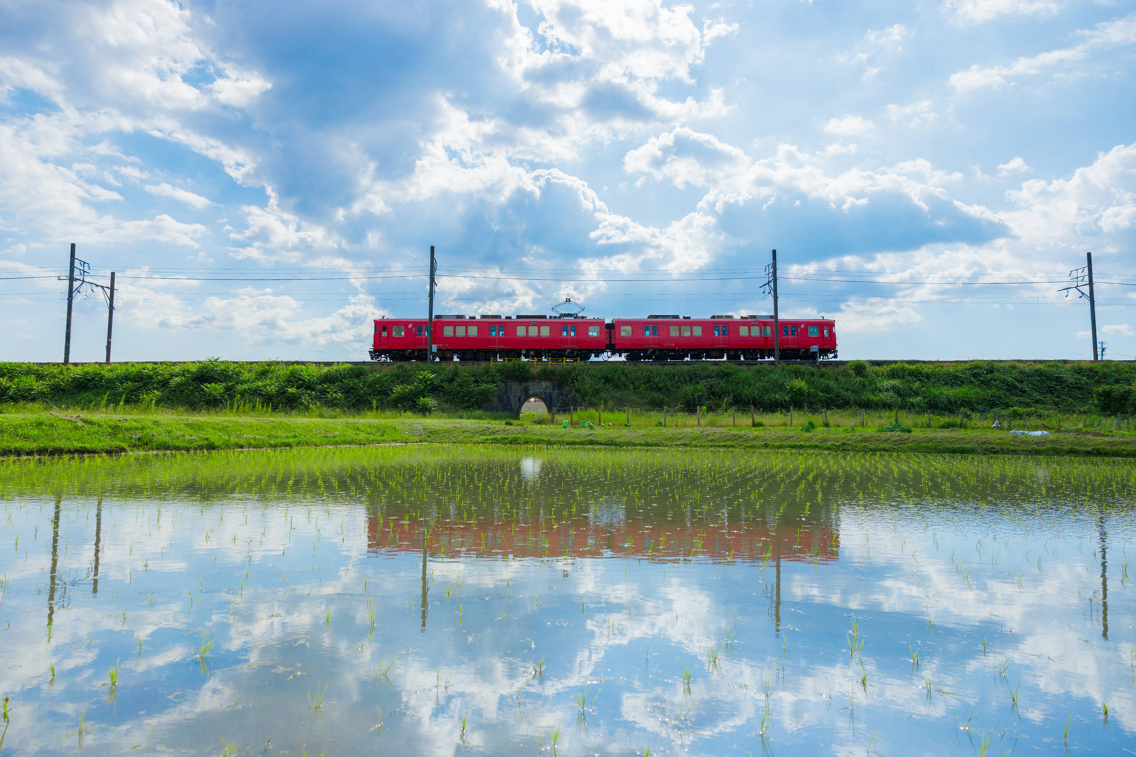 รถไฟแดงวิ่งใต้ท้องฟ้าสีฟ้าพร้อมเมฆและการสะท้อนในนา