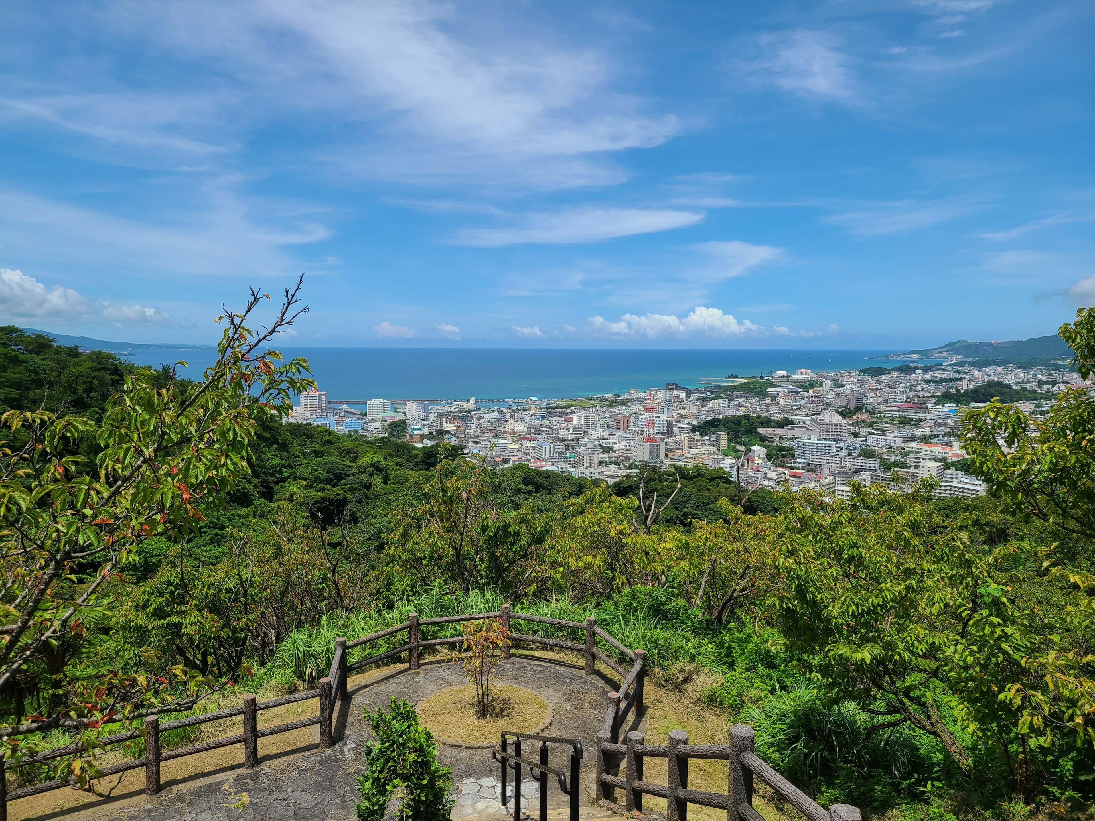 Panoramic view of lush green mountains and coastal city skyline