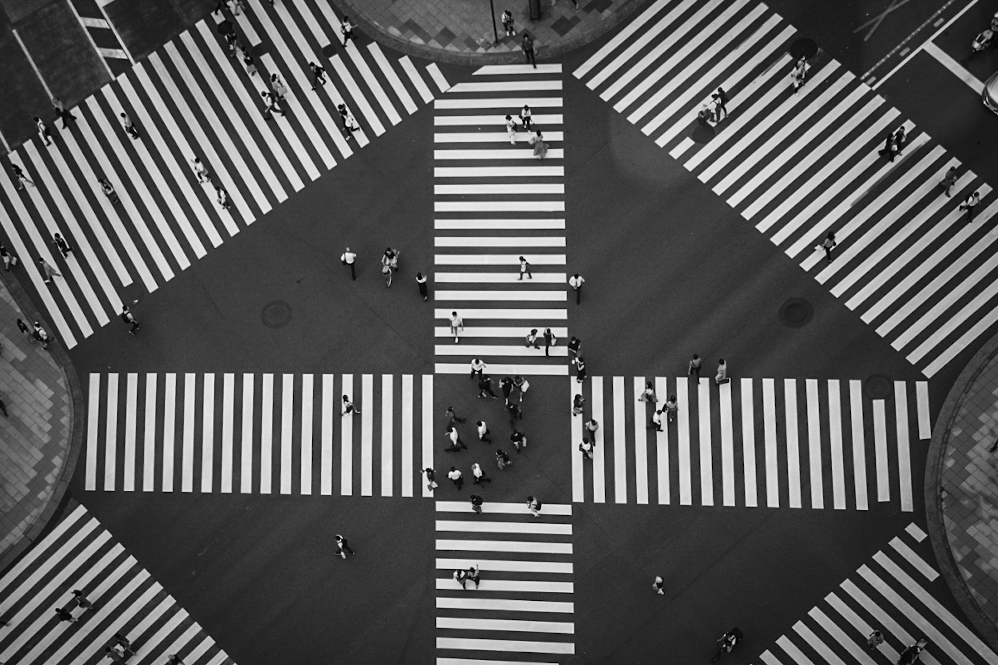 上から見た交差点の横断歩道と歩行者