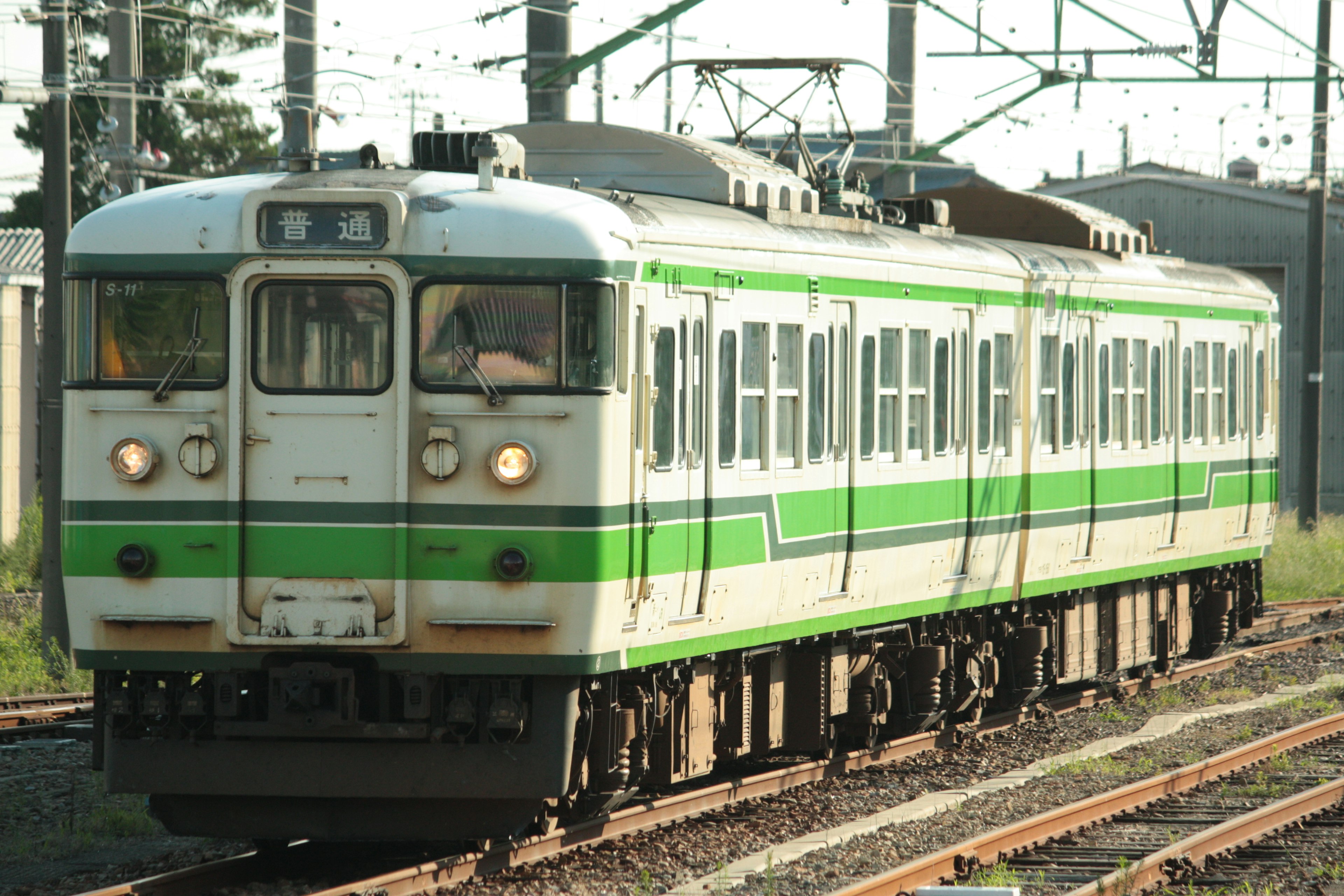 緑と白の車両の電車が線路を走行中