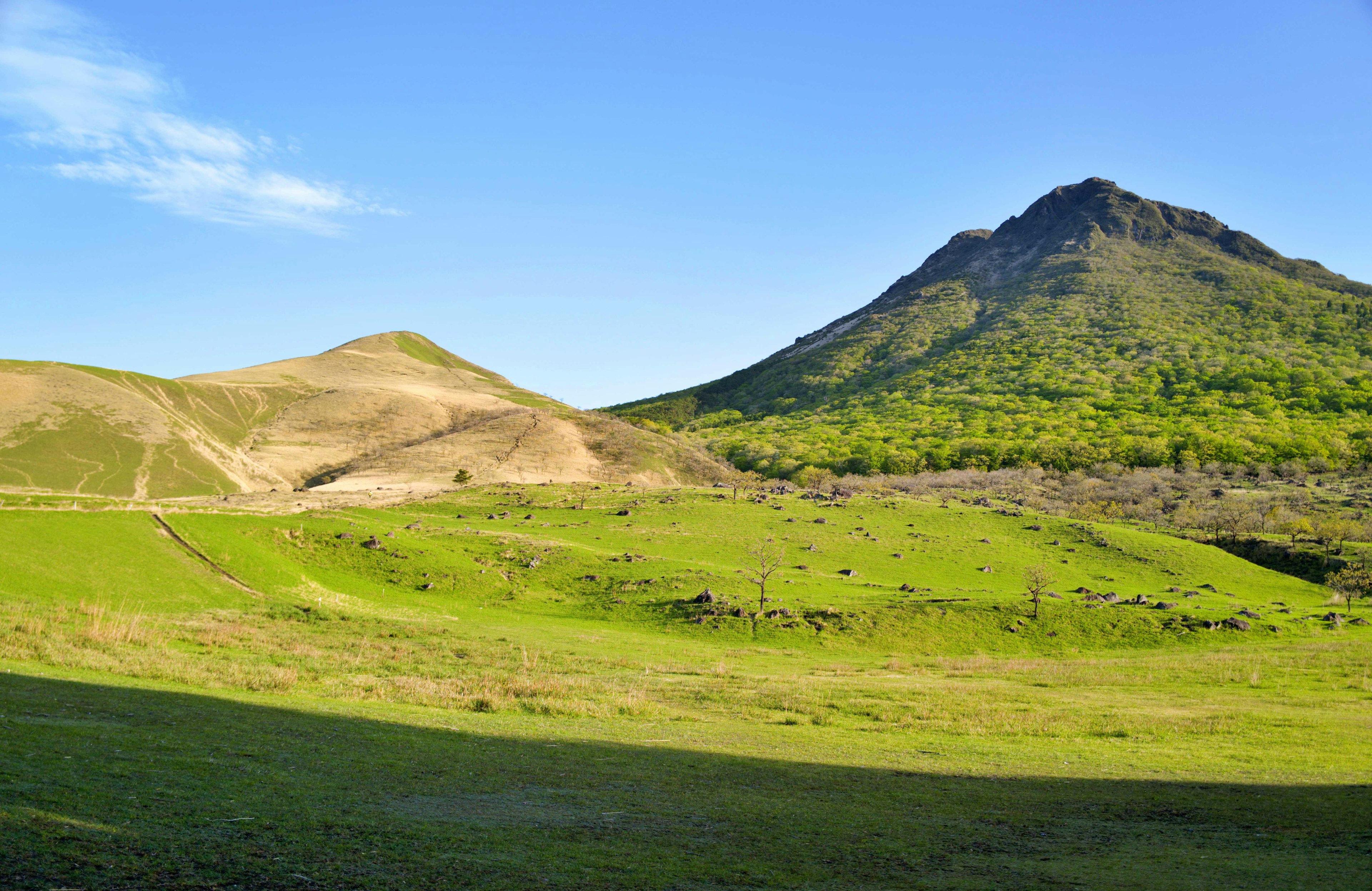 Lush green hills under a clear blue sky