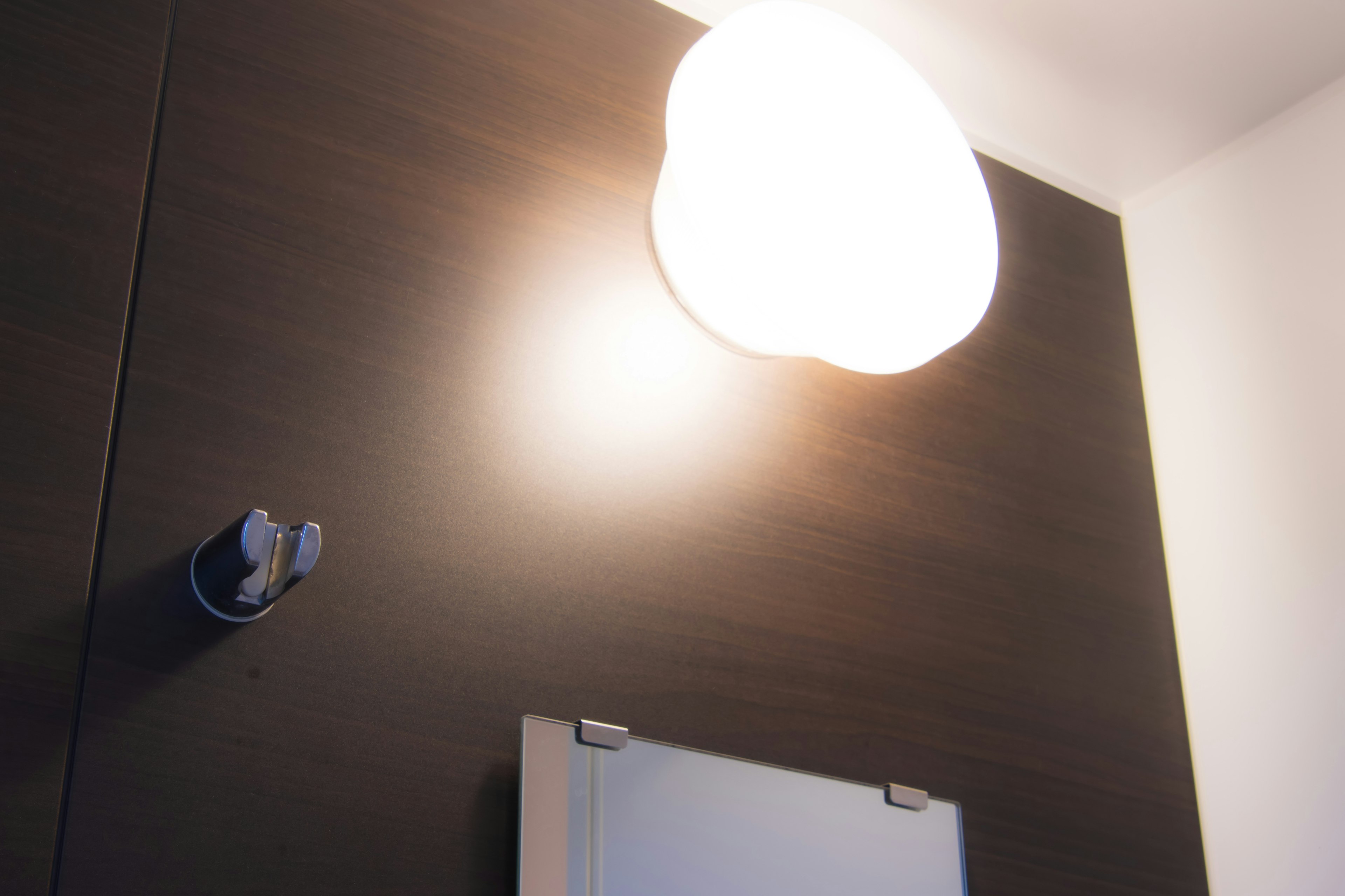 Simple interior featuring a round ceiling light and a mirror on the wall