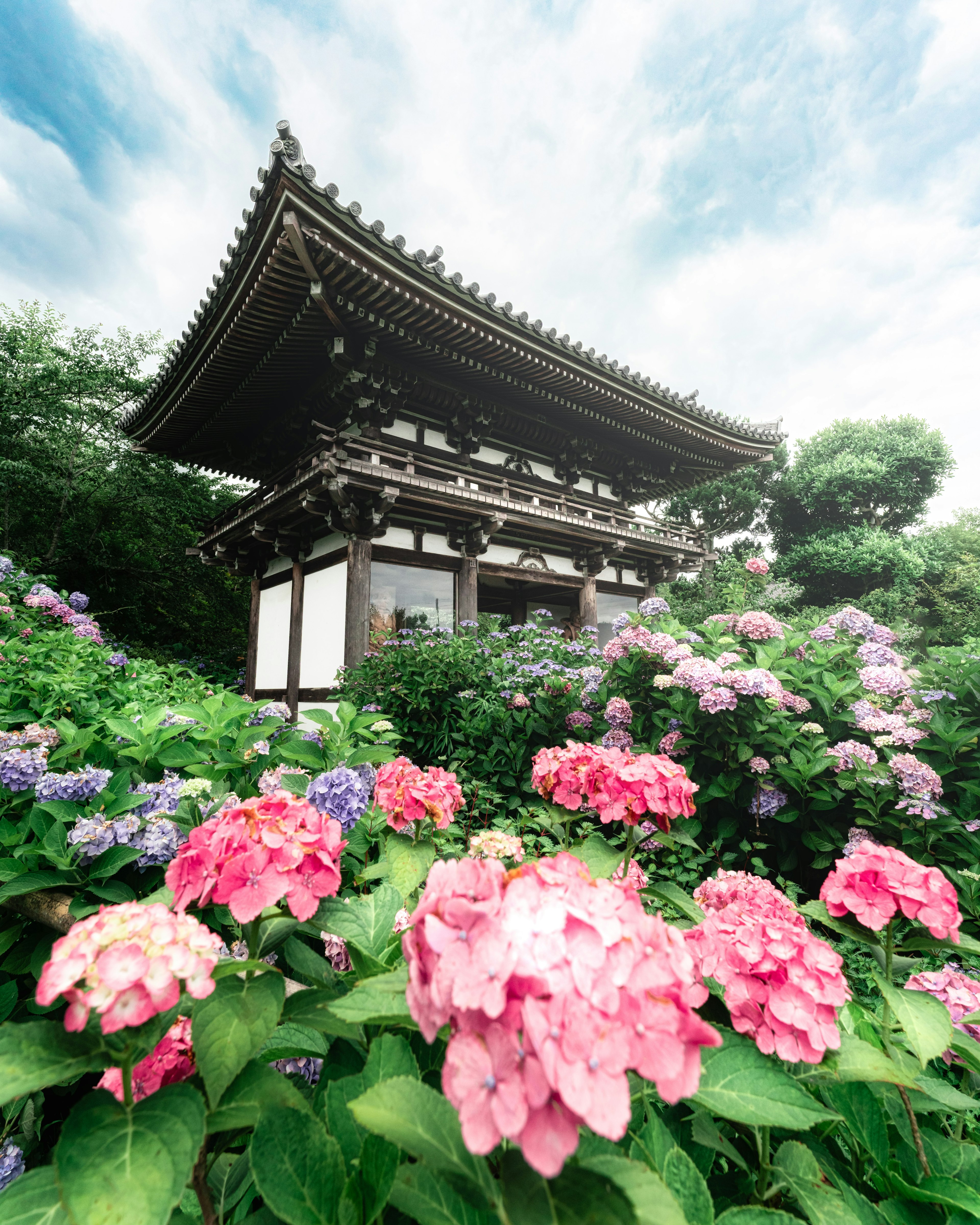 Traditionelles japanisches Gebäude umgeben von schönen Blumen