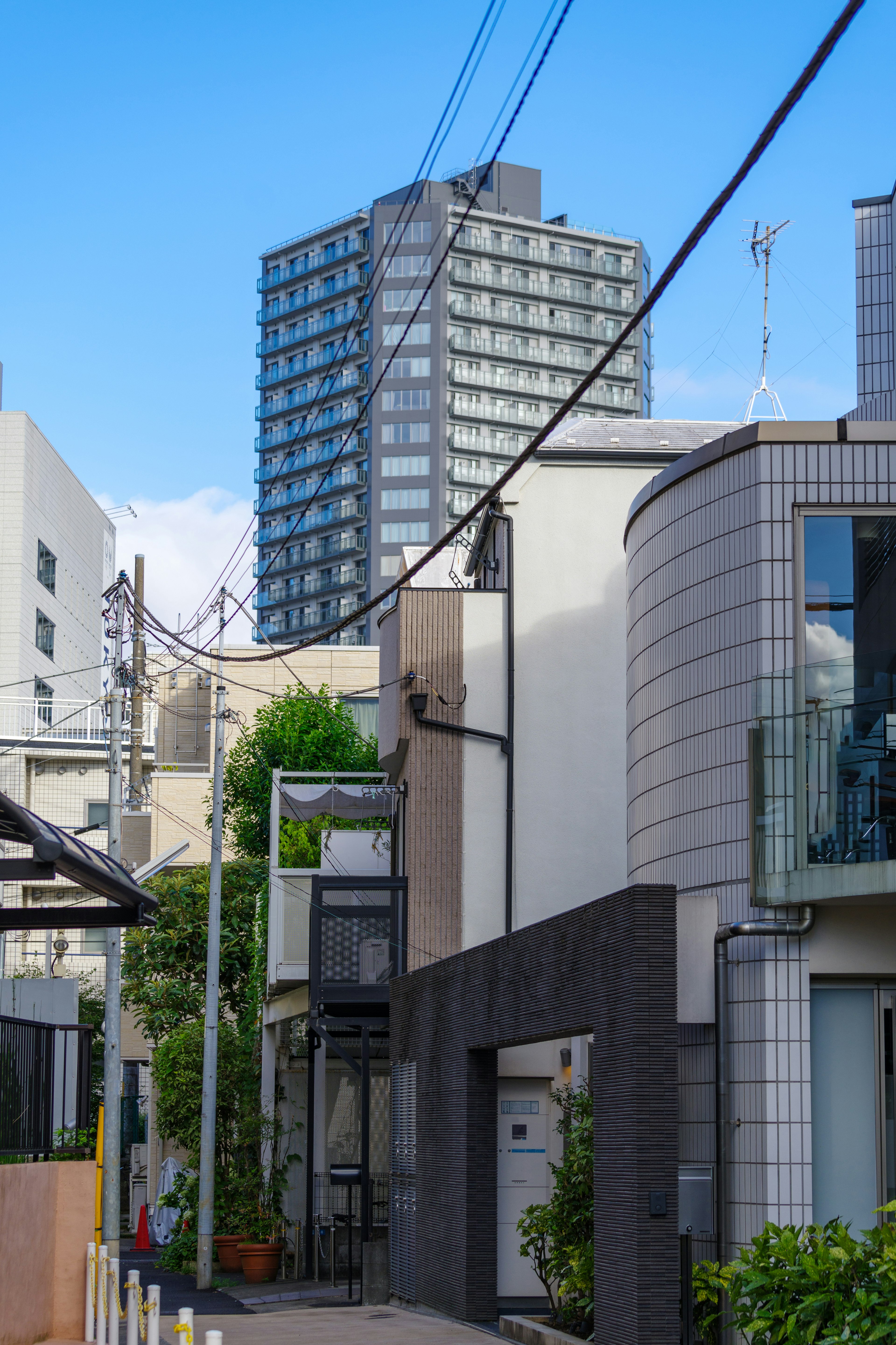 Urban landscape featuring a high-rise building alongside residential structures