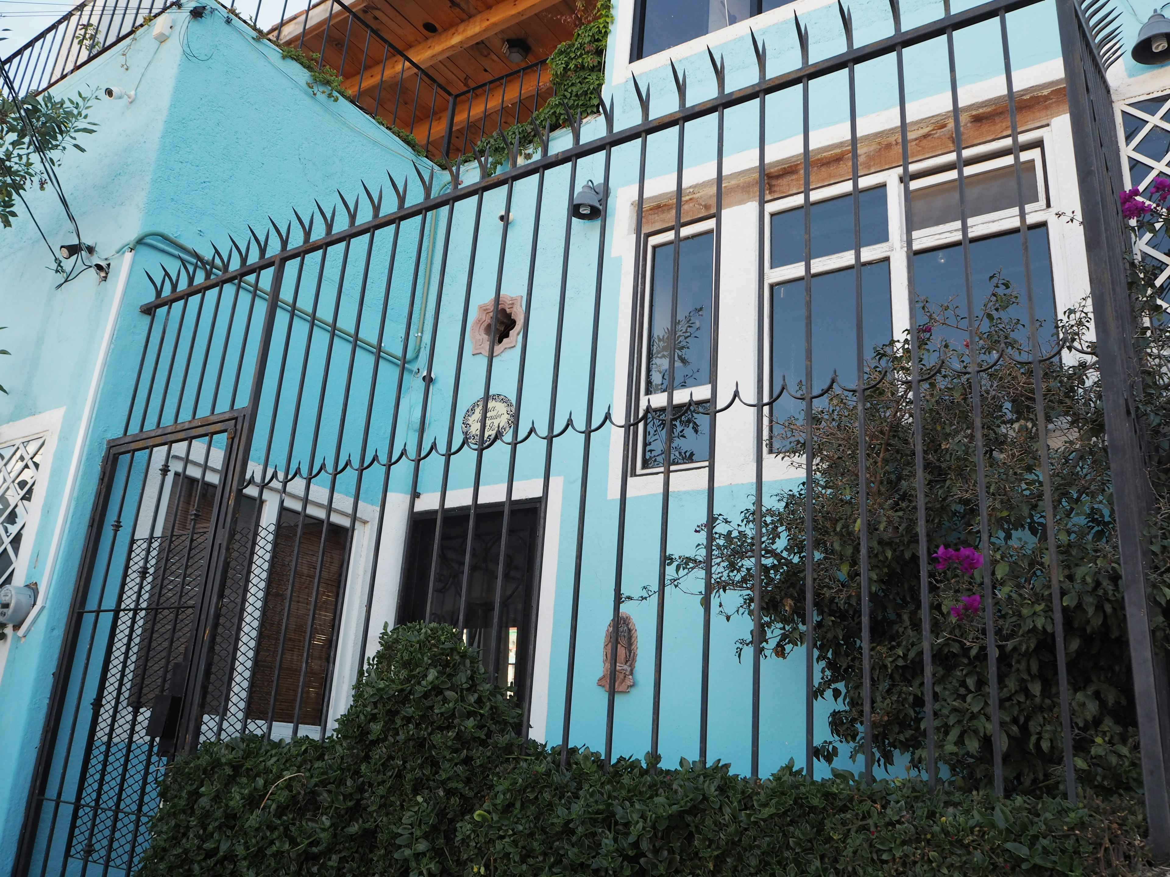 Fachada de una casa azul con cerca de metal y vegetación