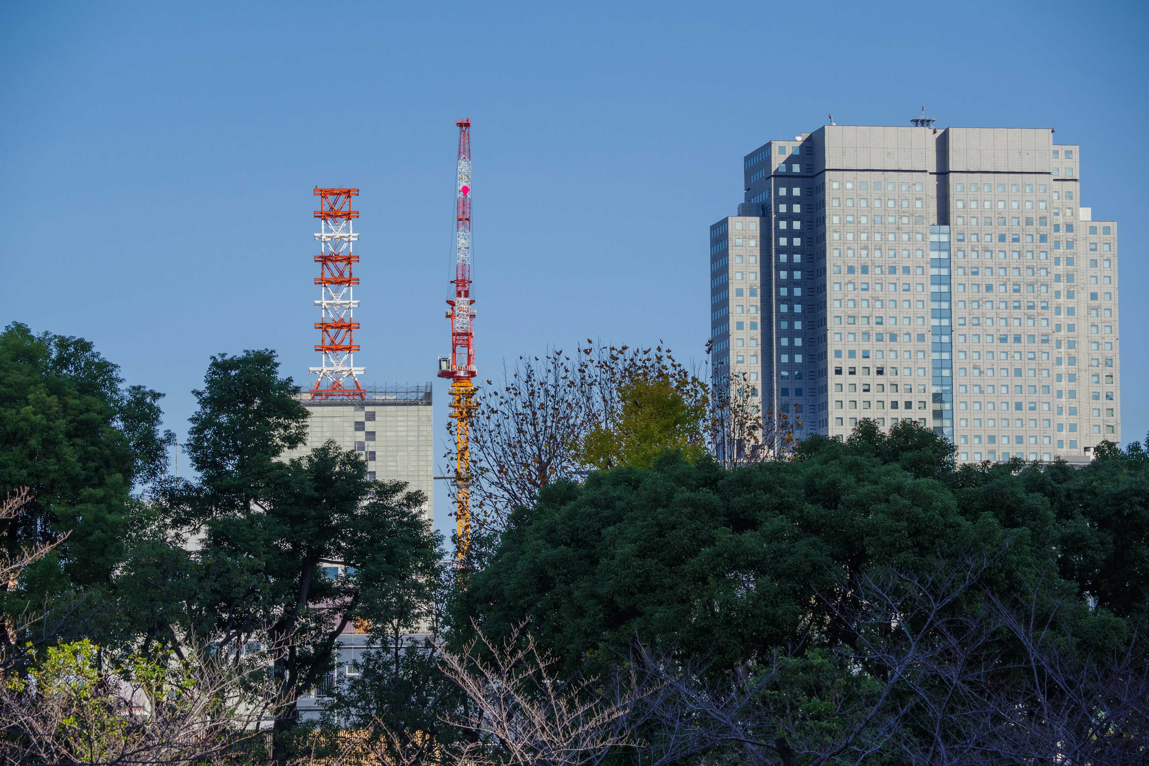 Urban landscape featuring buildings and cranes