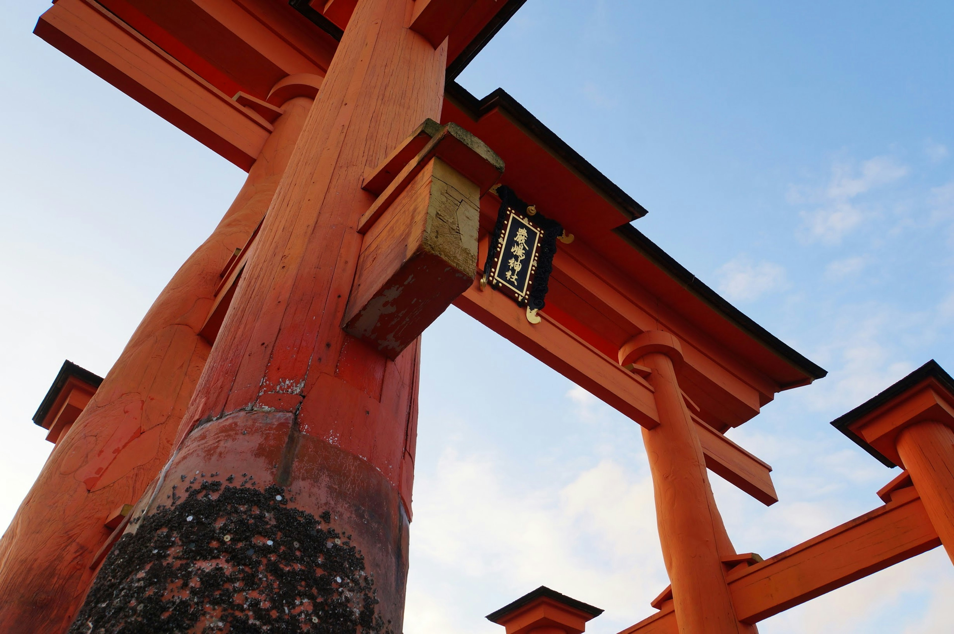 Blick auf ein rotes Torii von unten mit blauem Himmel