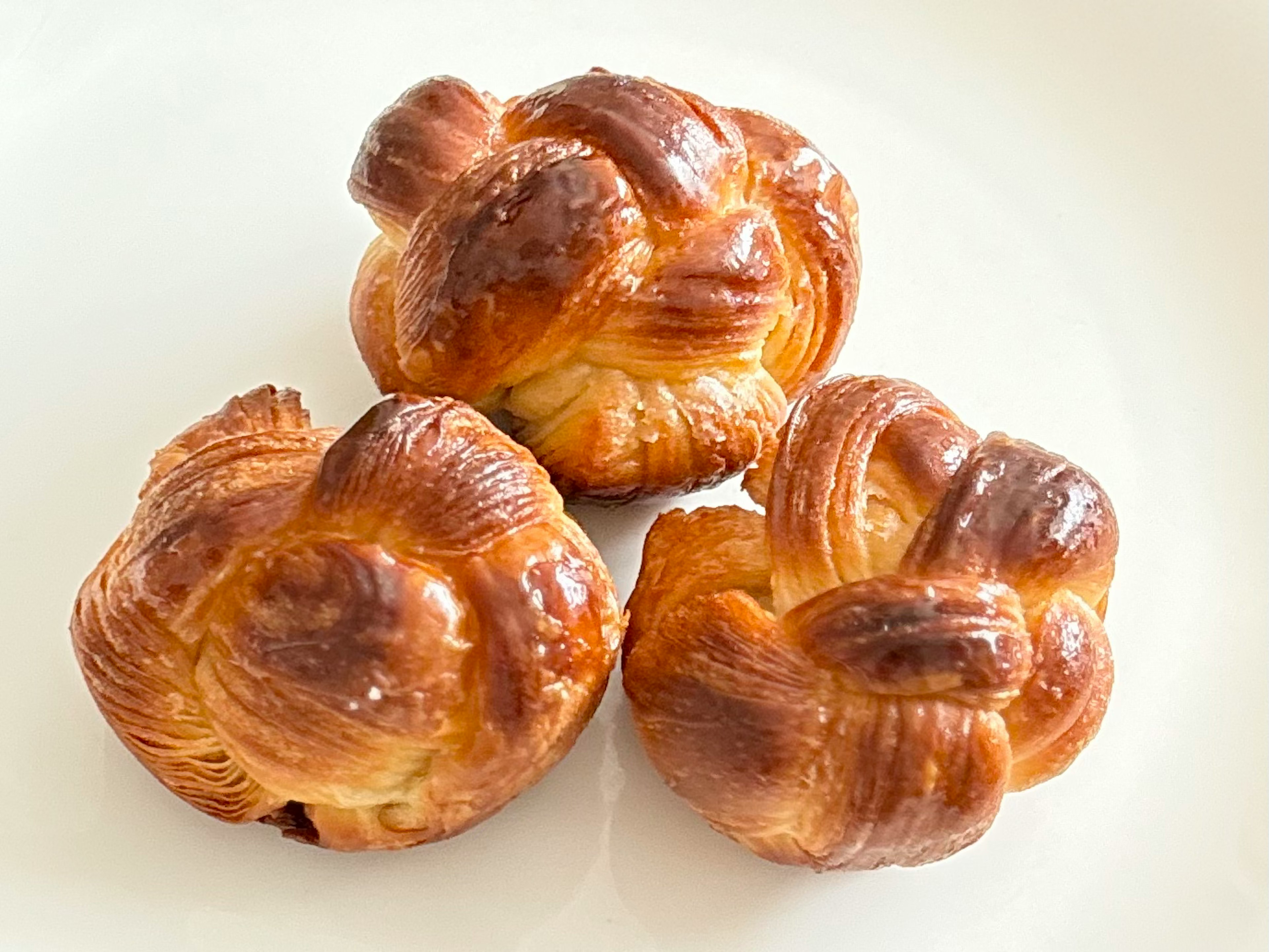 Three golden-brown pastries arranged on a white plate