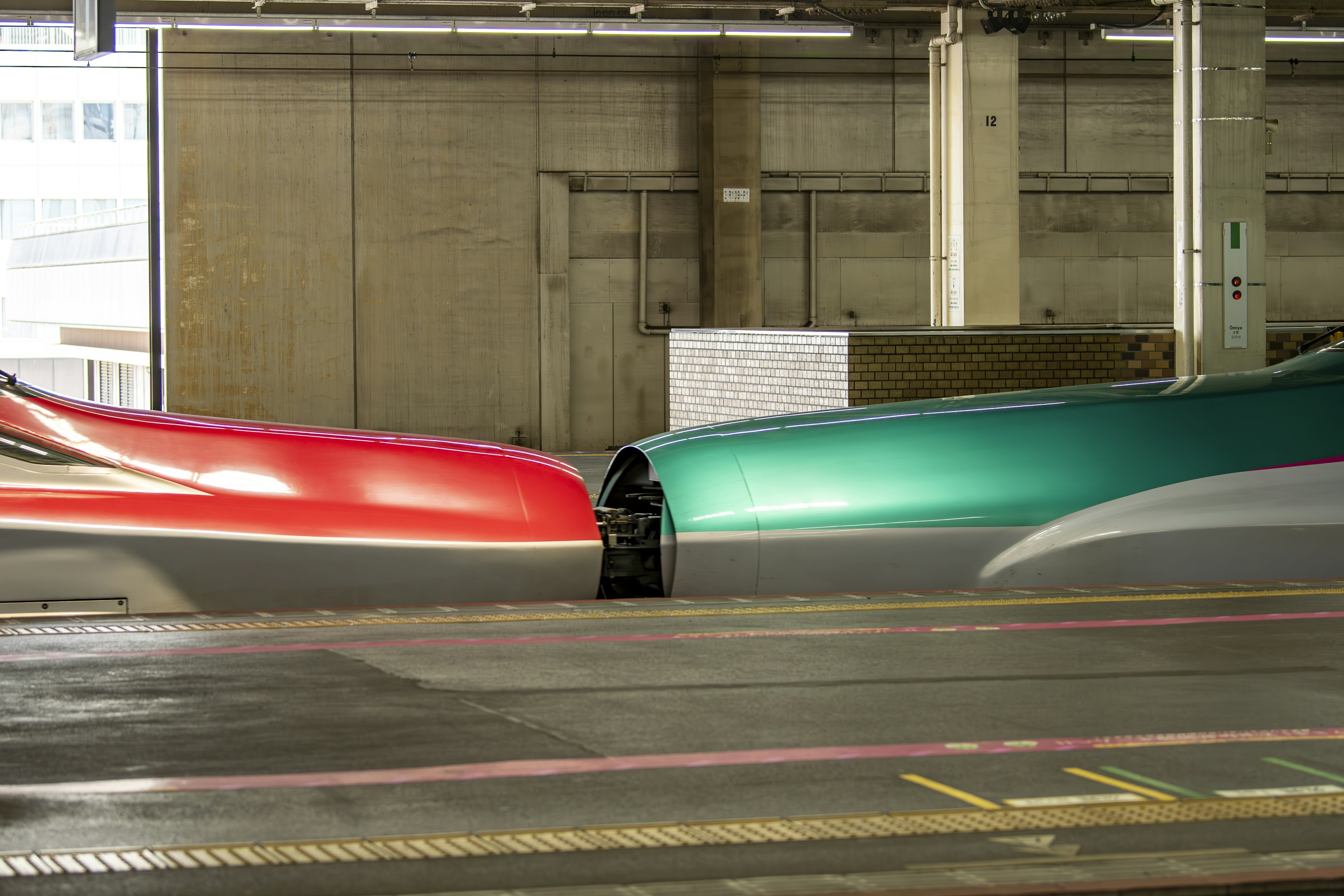 Red and green Shinkansen trains approaching each other