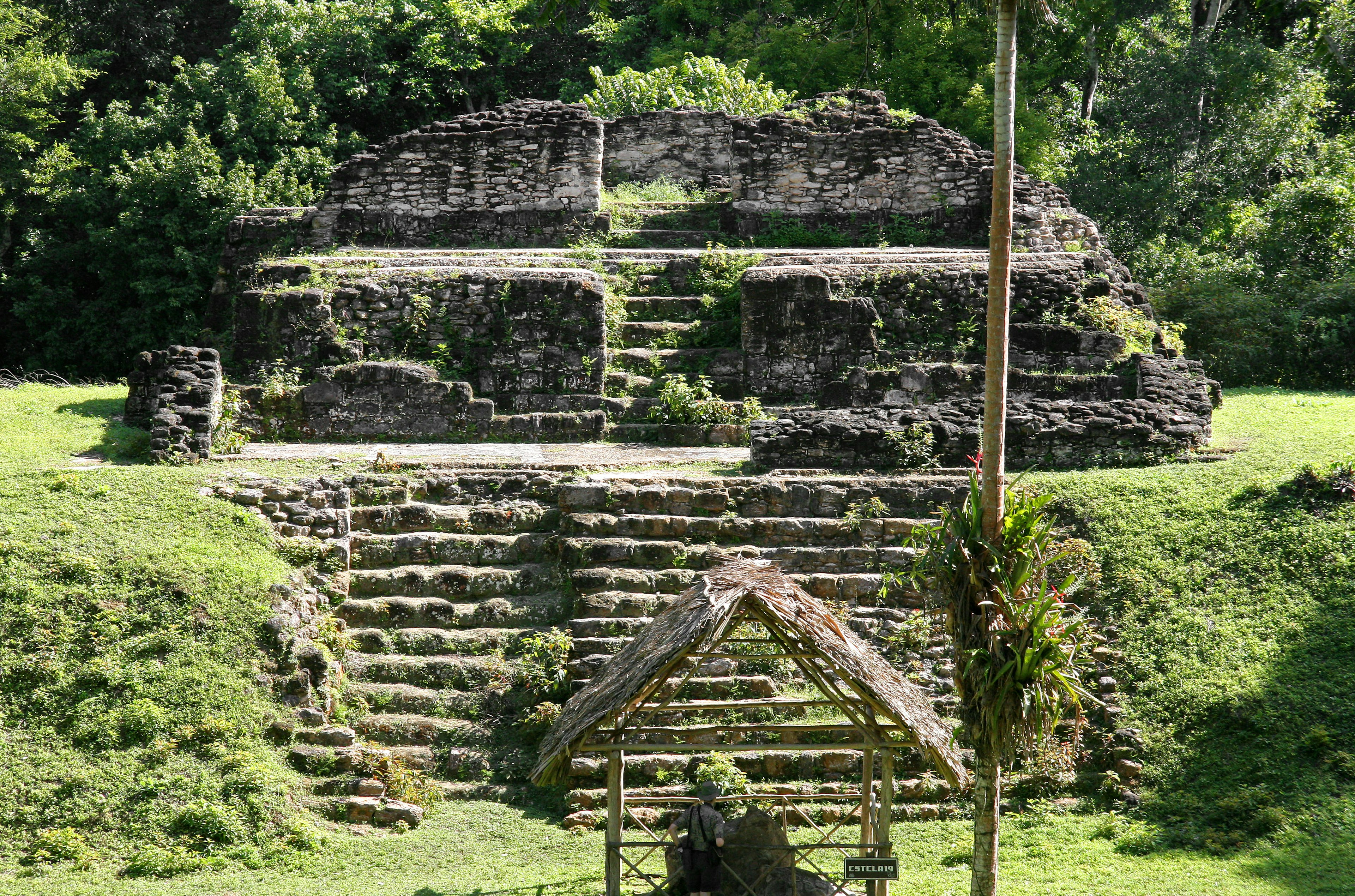 Ancient stepped structure surrounded by green grass