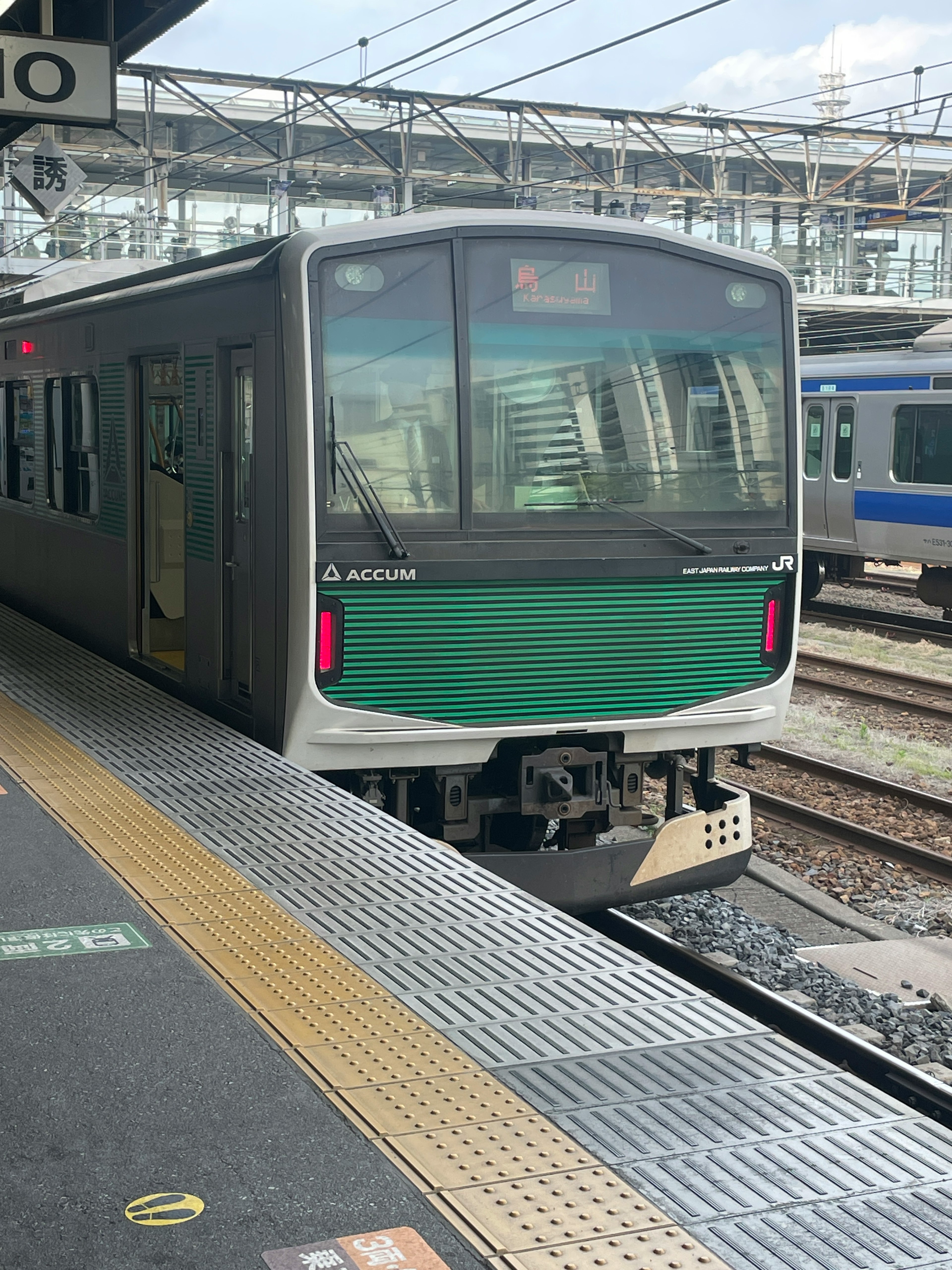 Train avec une façade verte à la gare