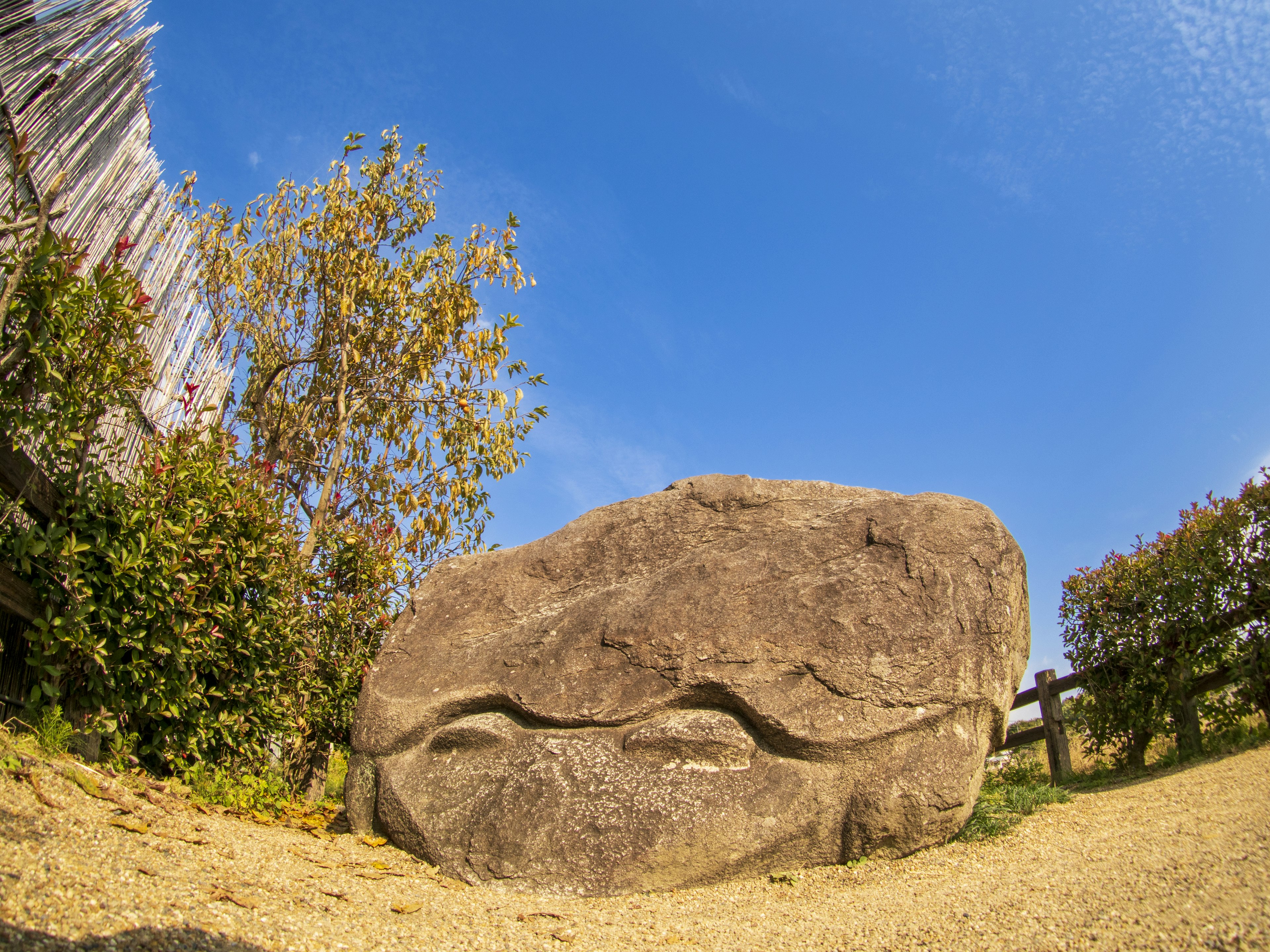 Großer Felsen mit gewelltem Design unter blauem Himmel umgeben von Grün