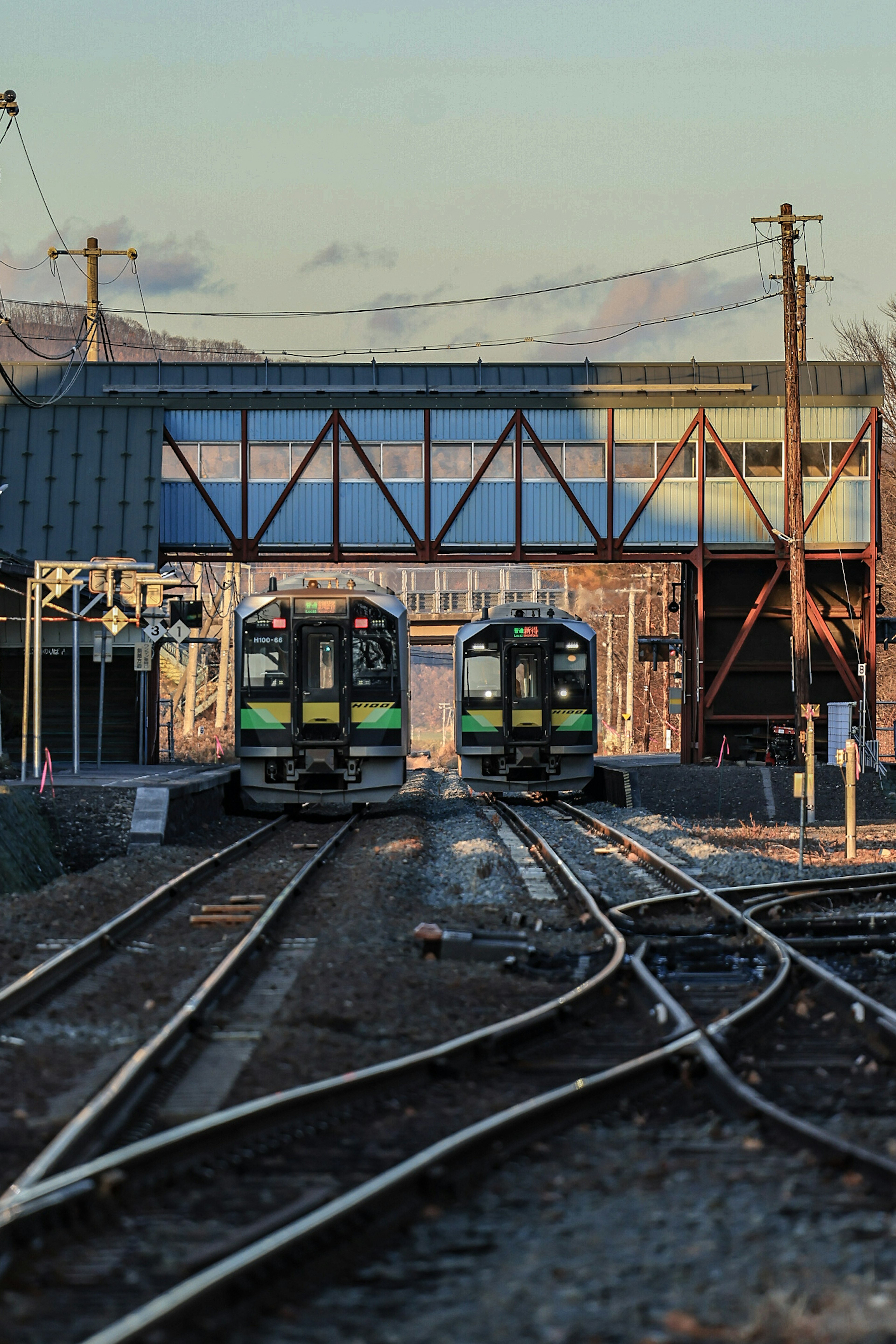 鉄道の交差点にある二つの列車と鉄道線路の風景