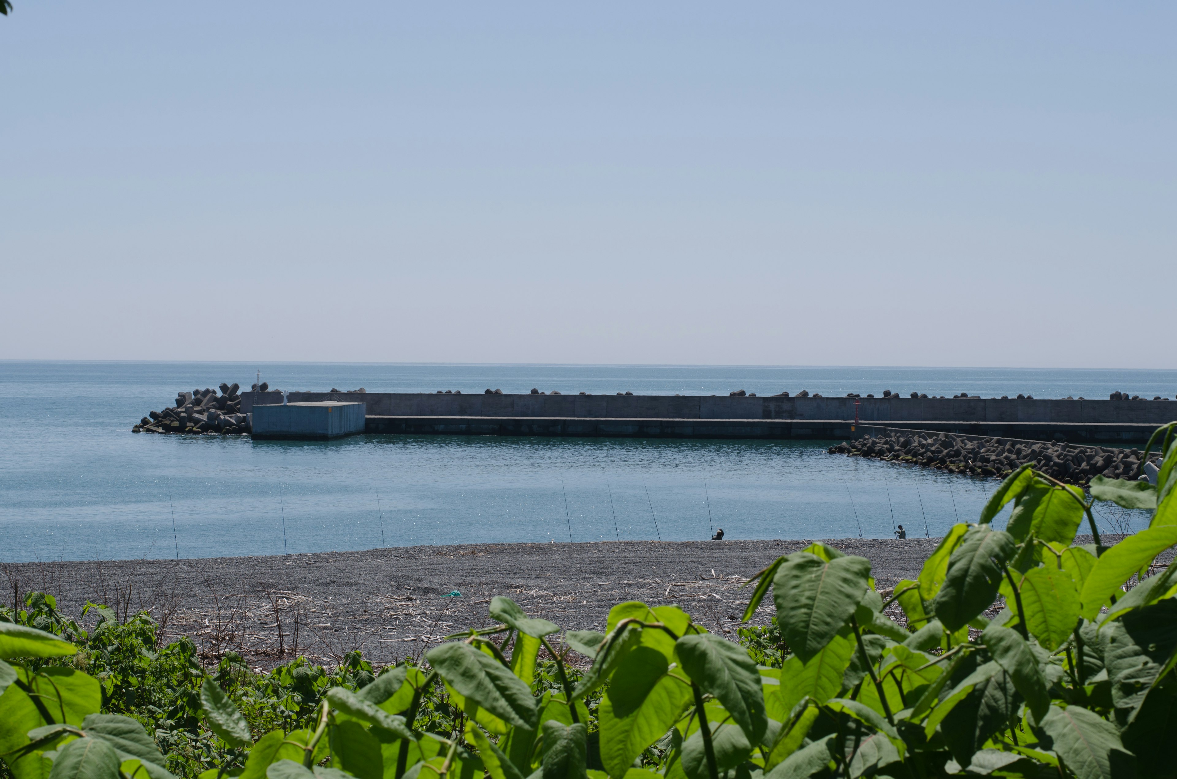 青い海と防波堤が見える静かな海岸の風景