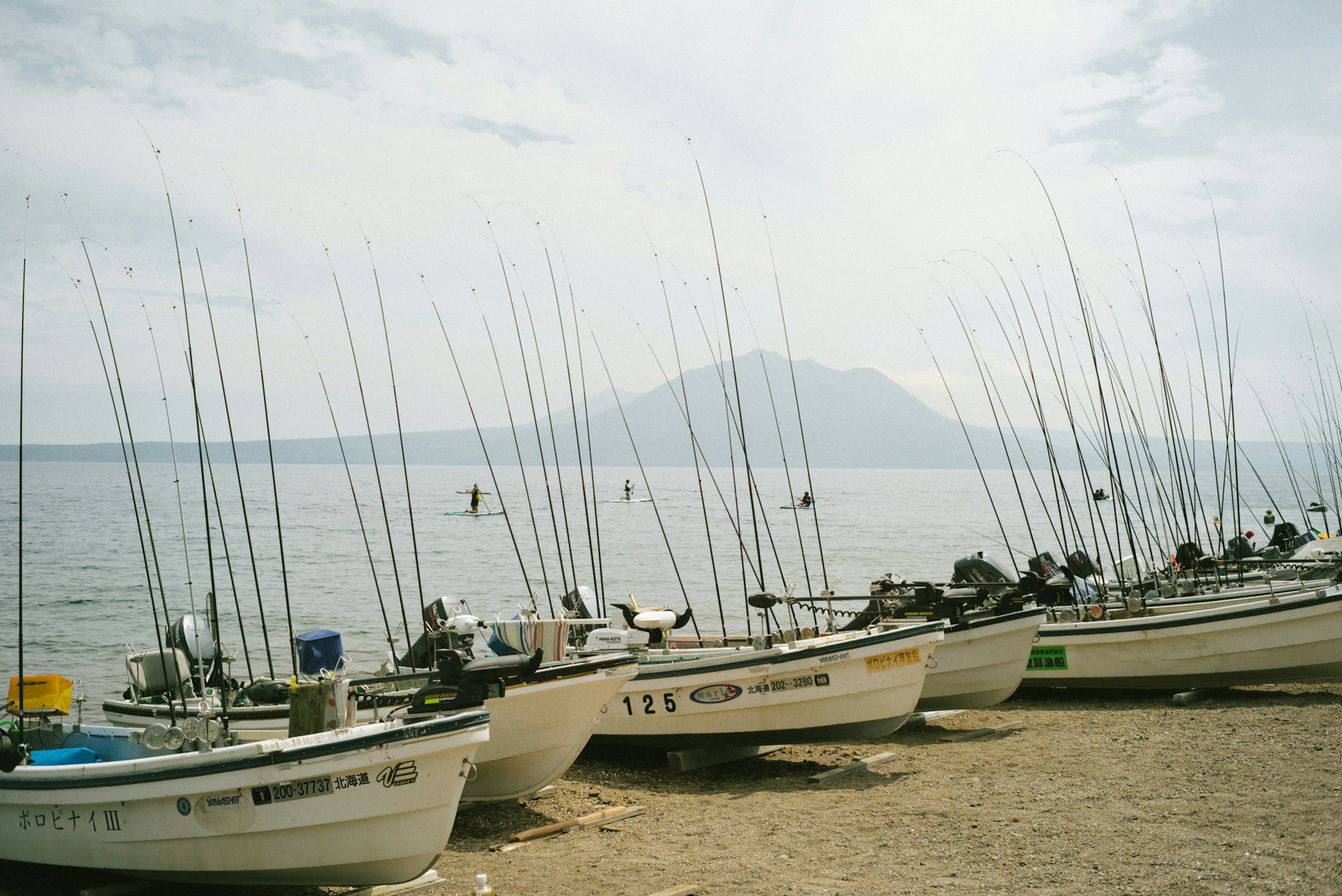 Barche da pesca allineate sulla riva con una montagna sullo sfondo