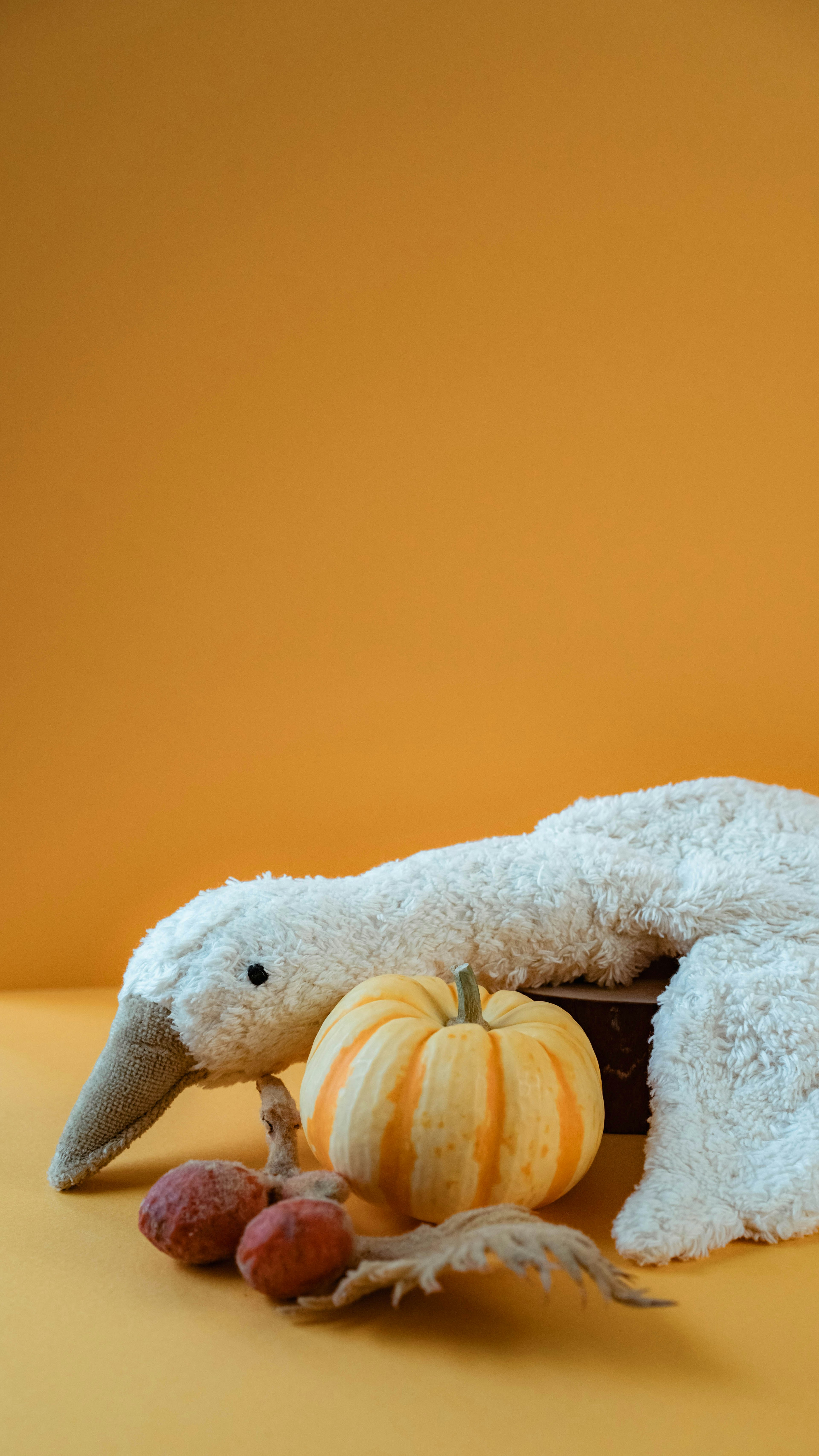 Un pato de peluche blanco junto a una pequeña calabaza sobre un fondo naranja