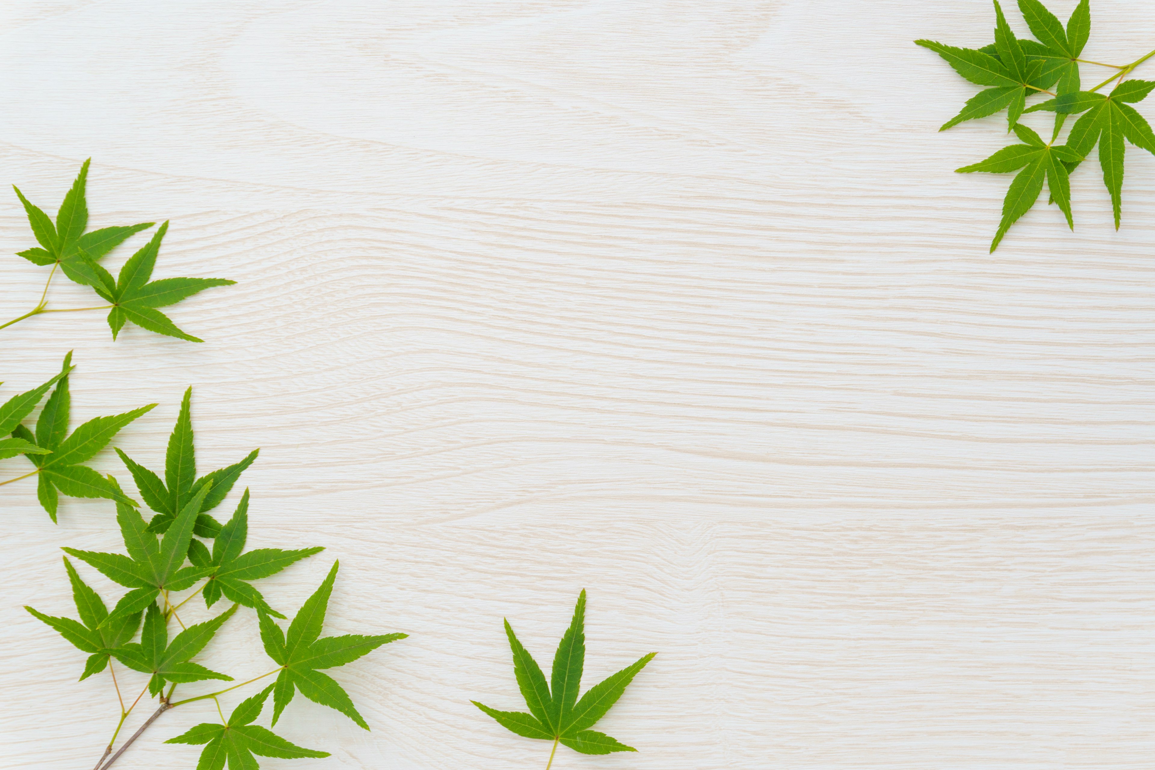 Scattered green leaves on a wooden table