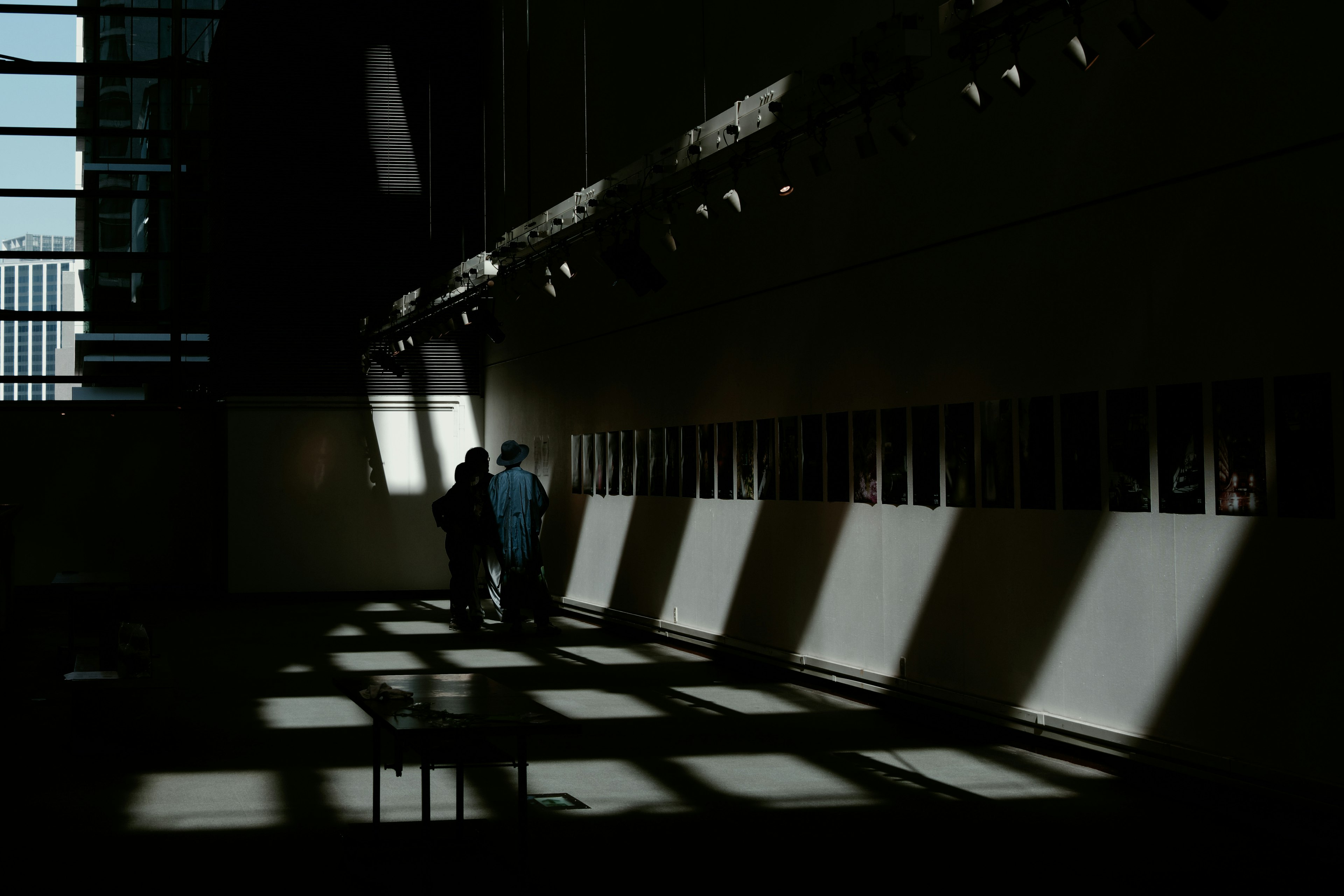 People observing artwork in a dimly lit gallery with shadows and light patterns