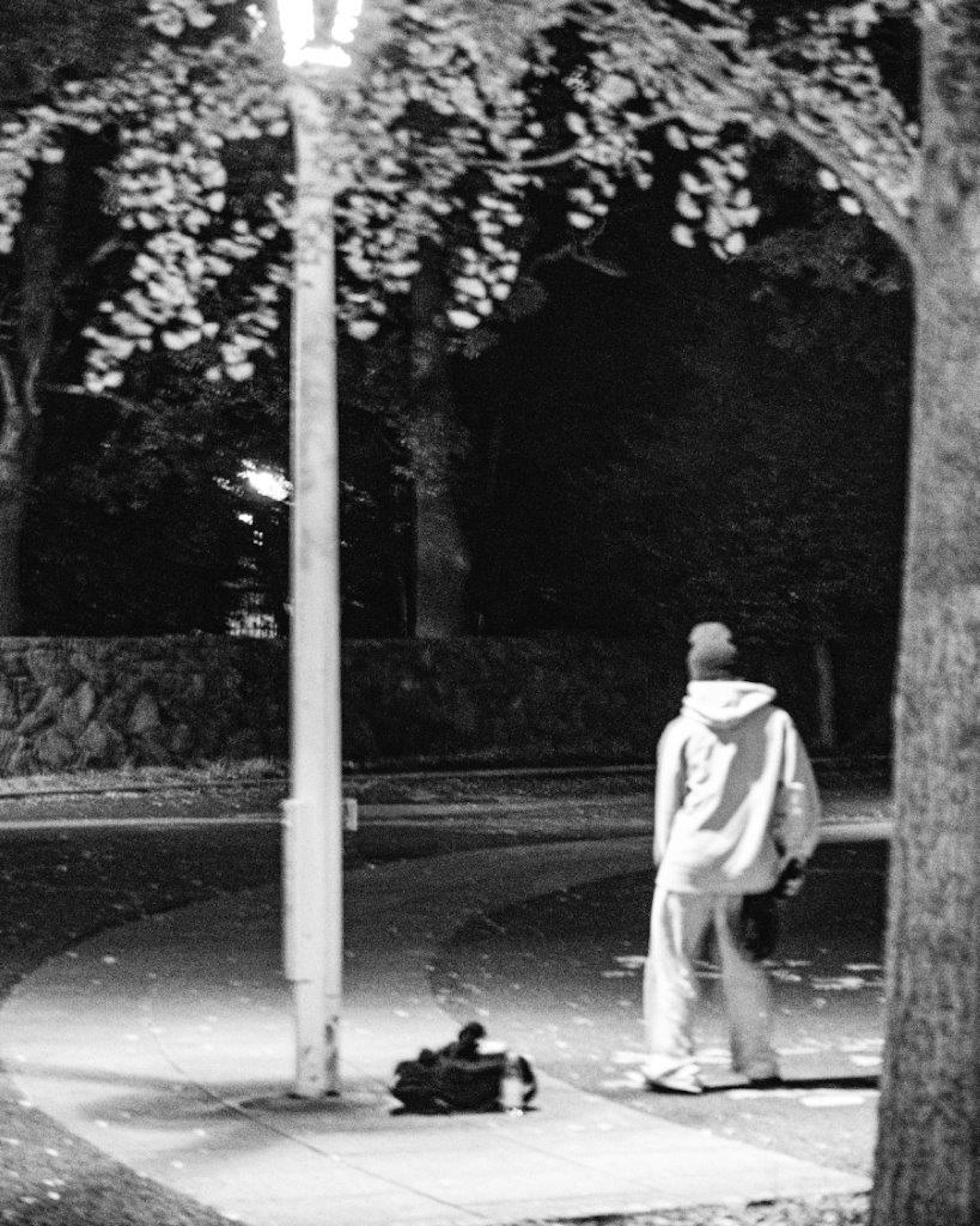 Man in a hoodie standing under a streetlight in a nighttime park