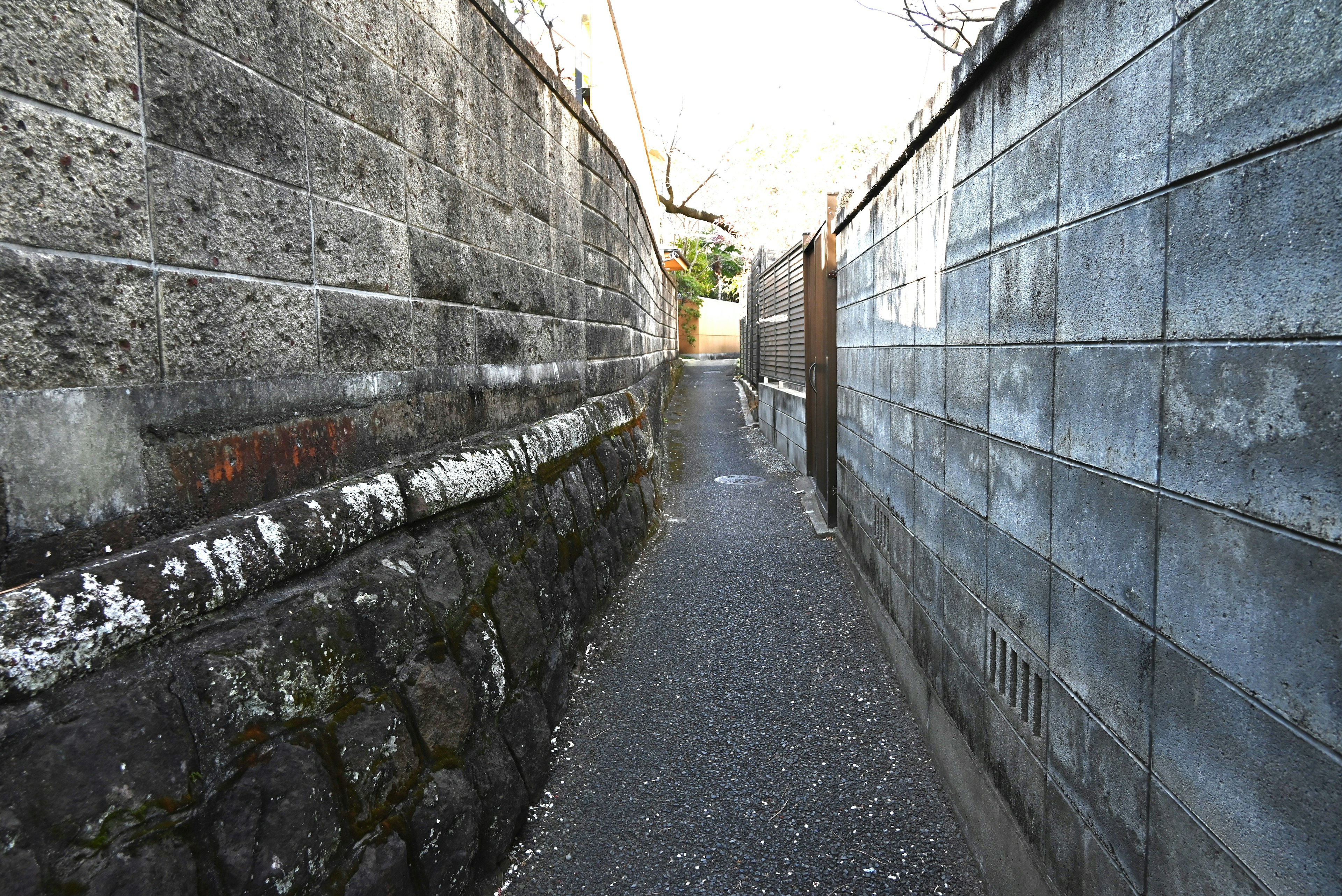 Narrow pathway flanked by stone and concrete walls