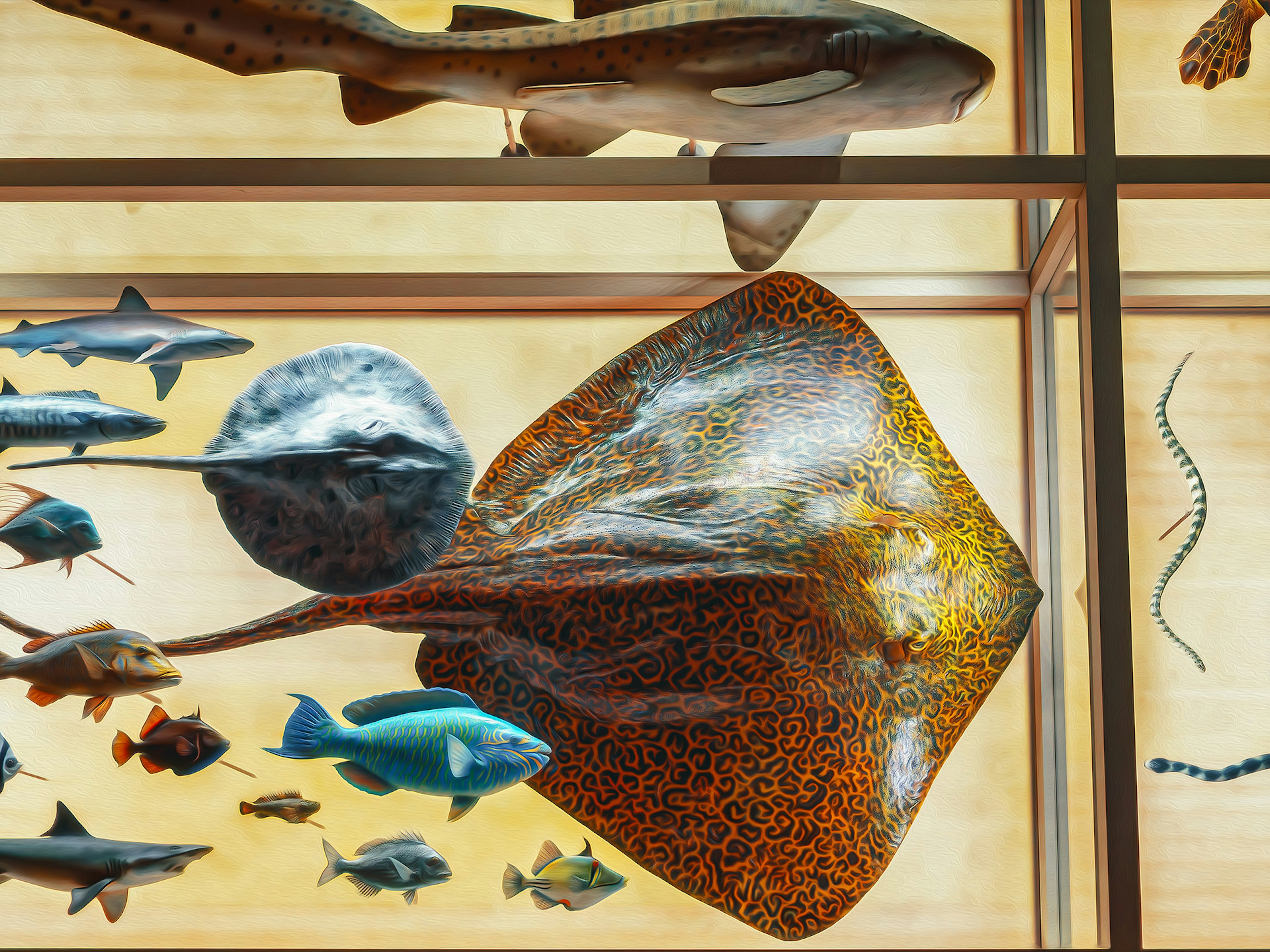 Image de divers poissons et d'une raie dans une exposition d'aquarium