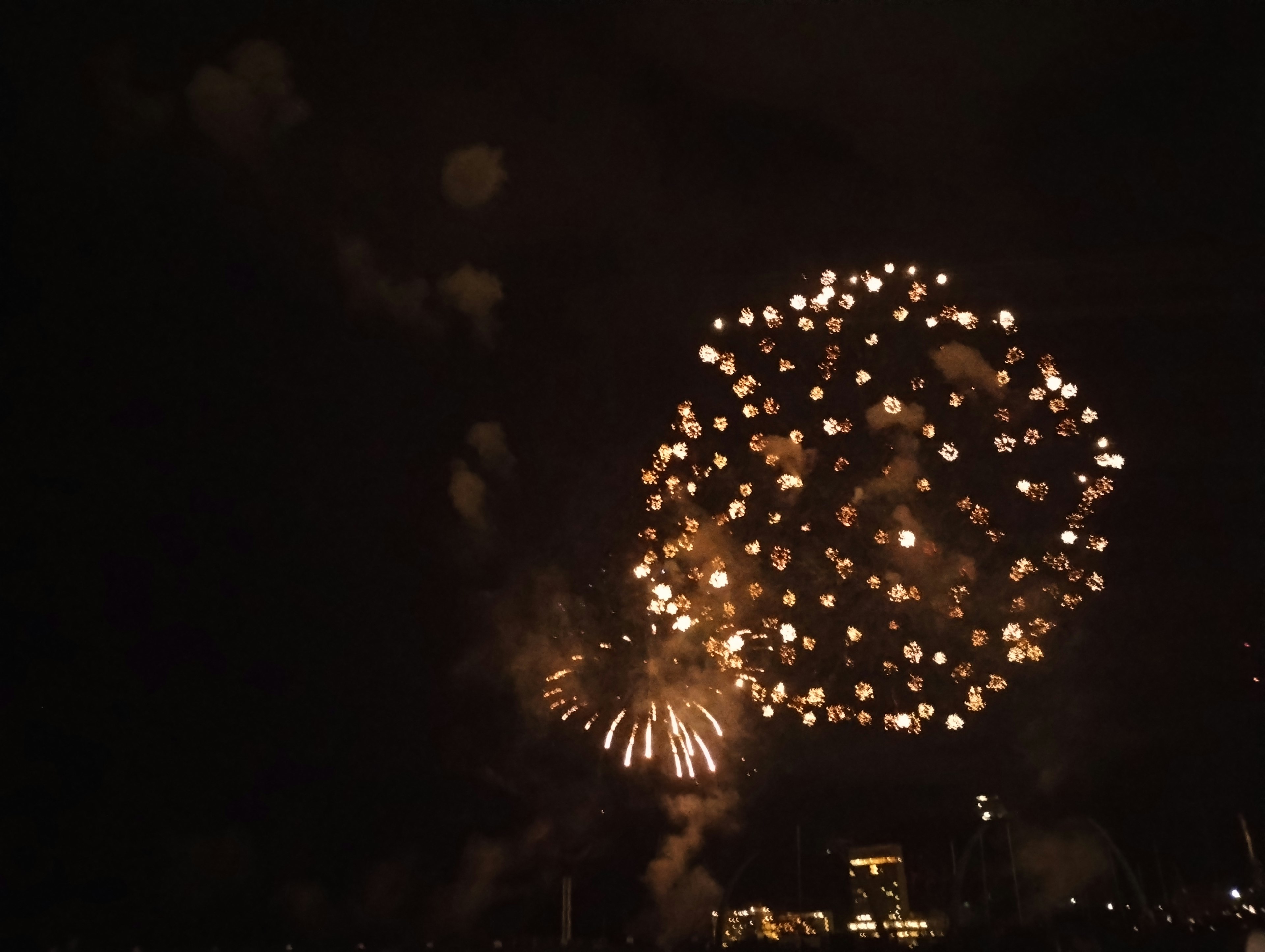 Fuochi d'artificio che esplodono nel cielo notturno con luci brillanti