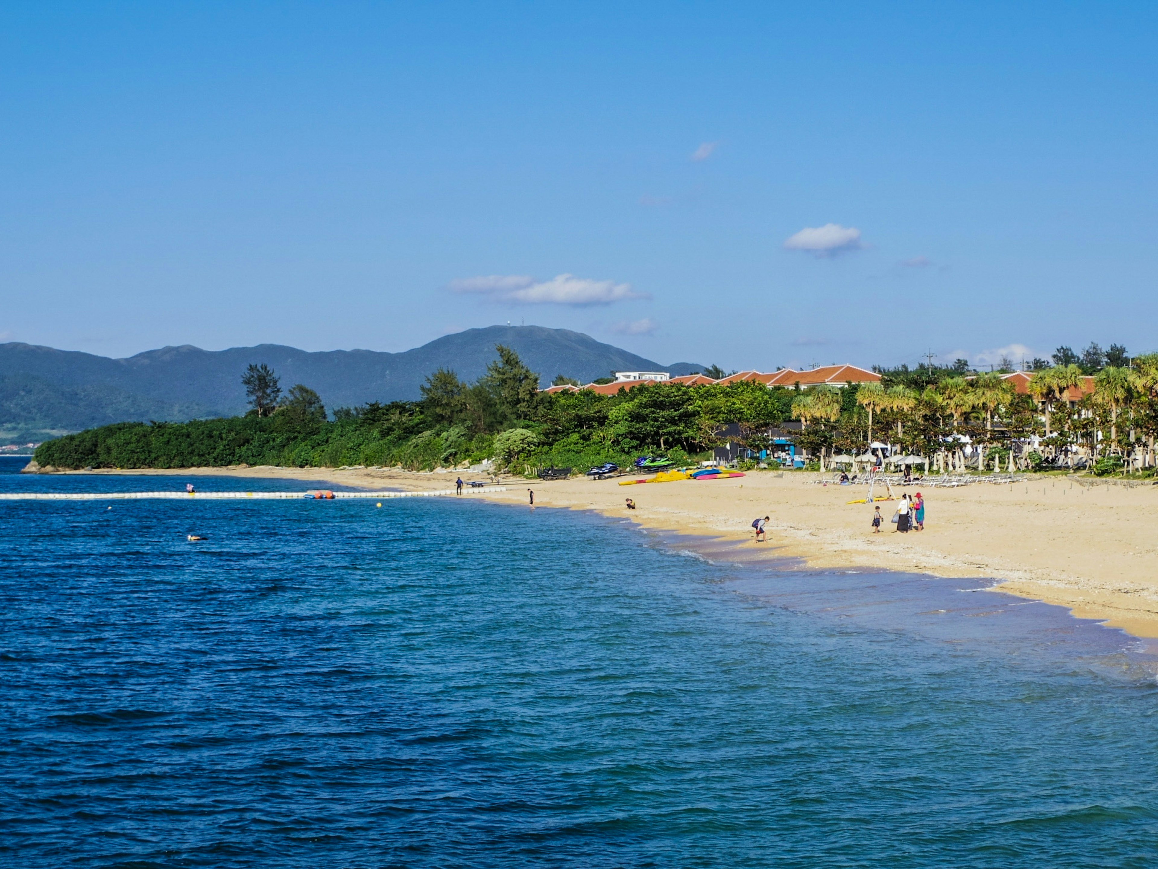 Pantai indah dengan laut tenang pohon palem dan langit biru cerah orang-orang menikmati liburan