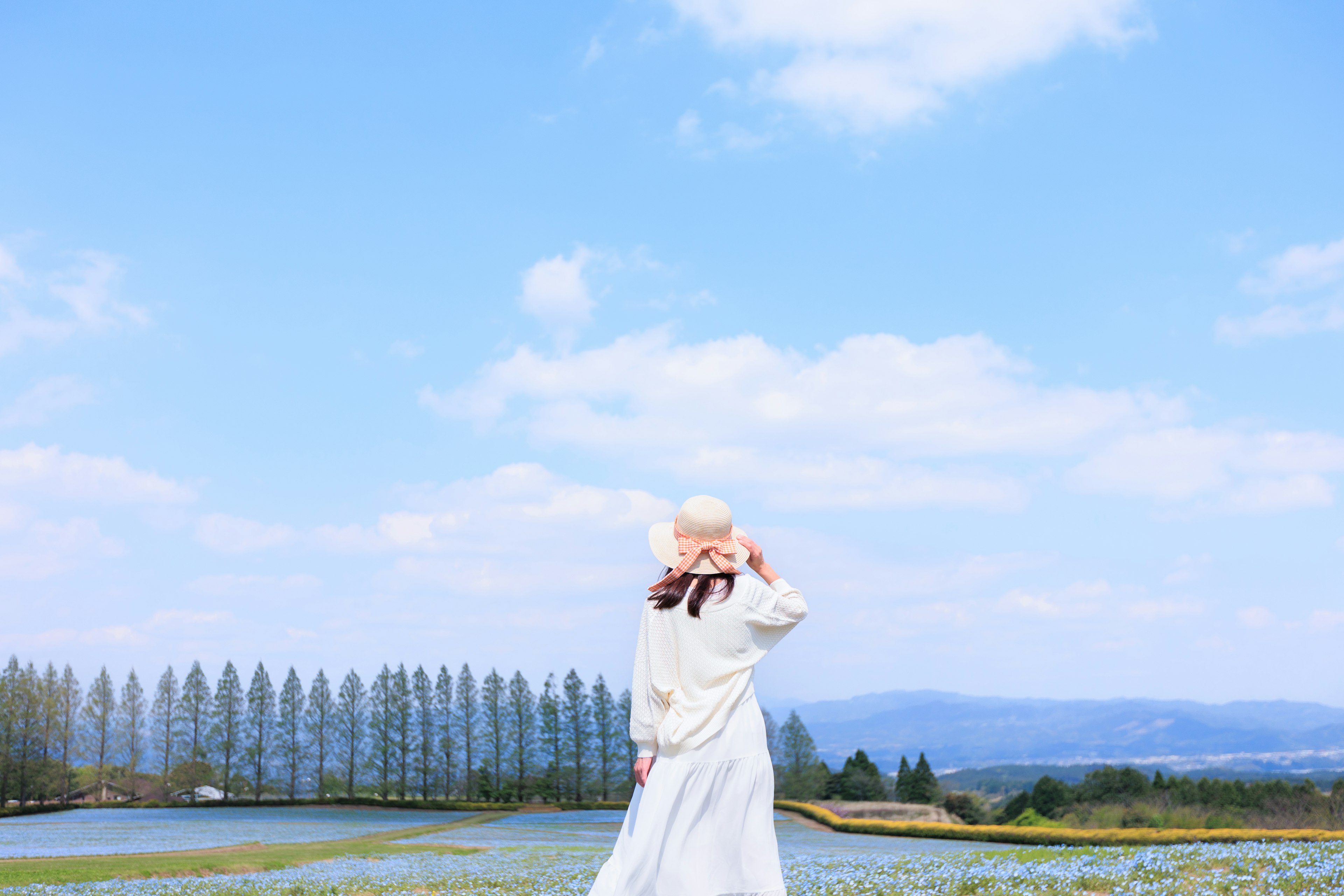 青空の下で白いドレスを着た女性が振り返る風景