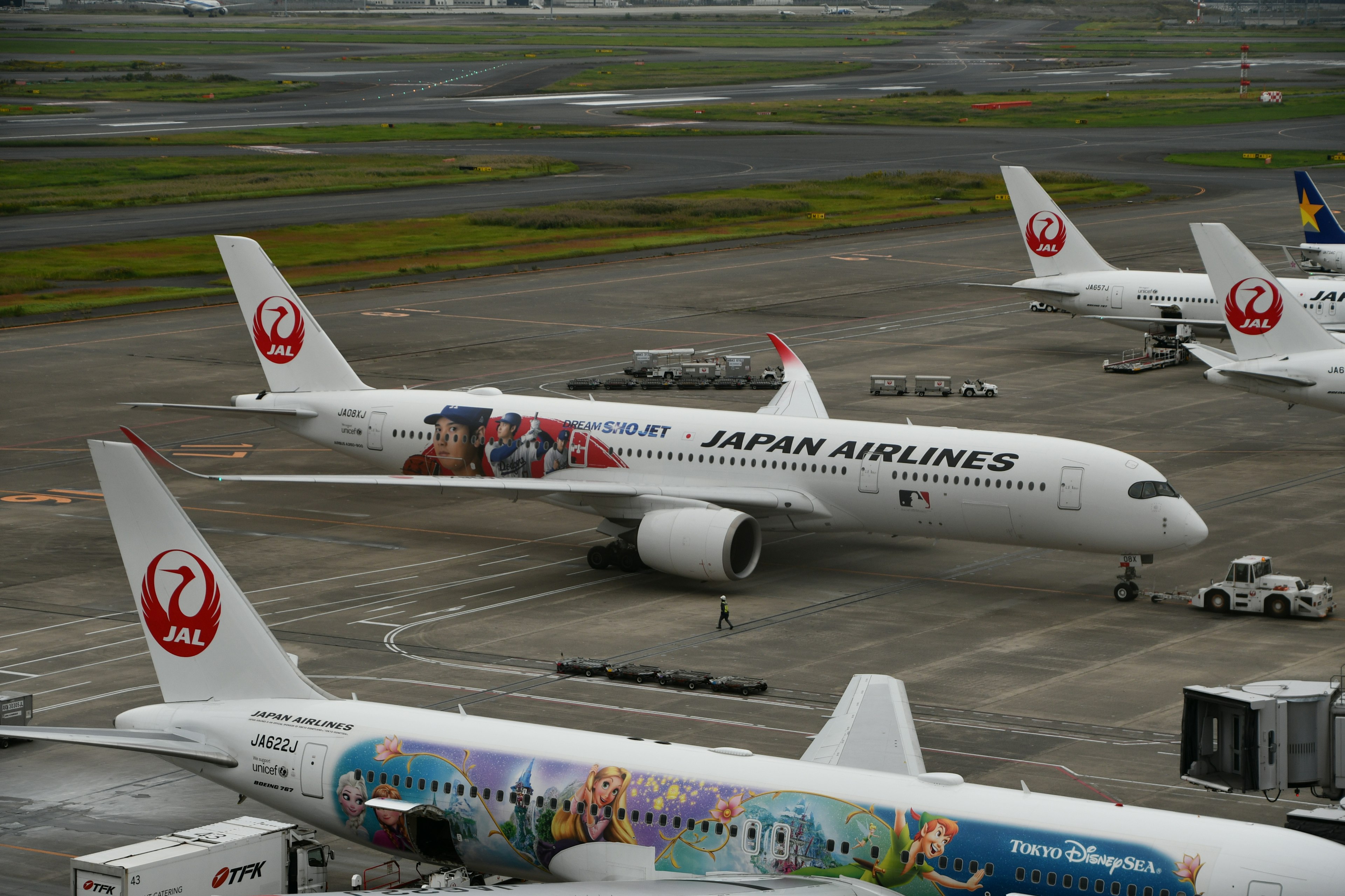 Japan Airlines Flugzeug auf dem Vorfeld mit bunten Designs