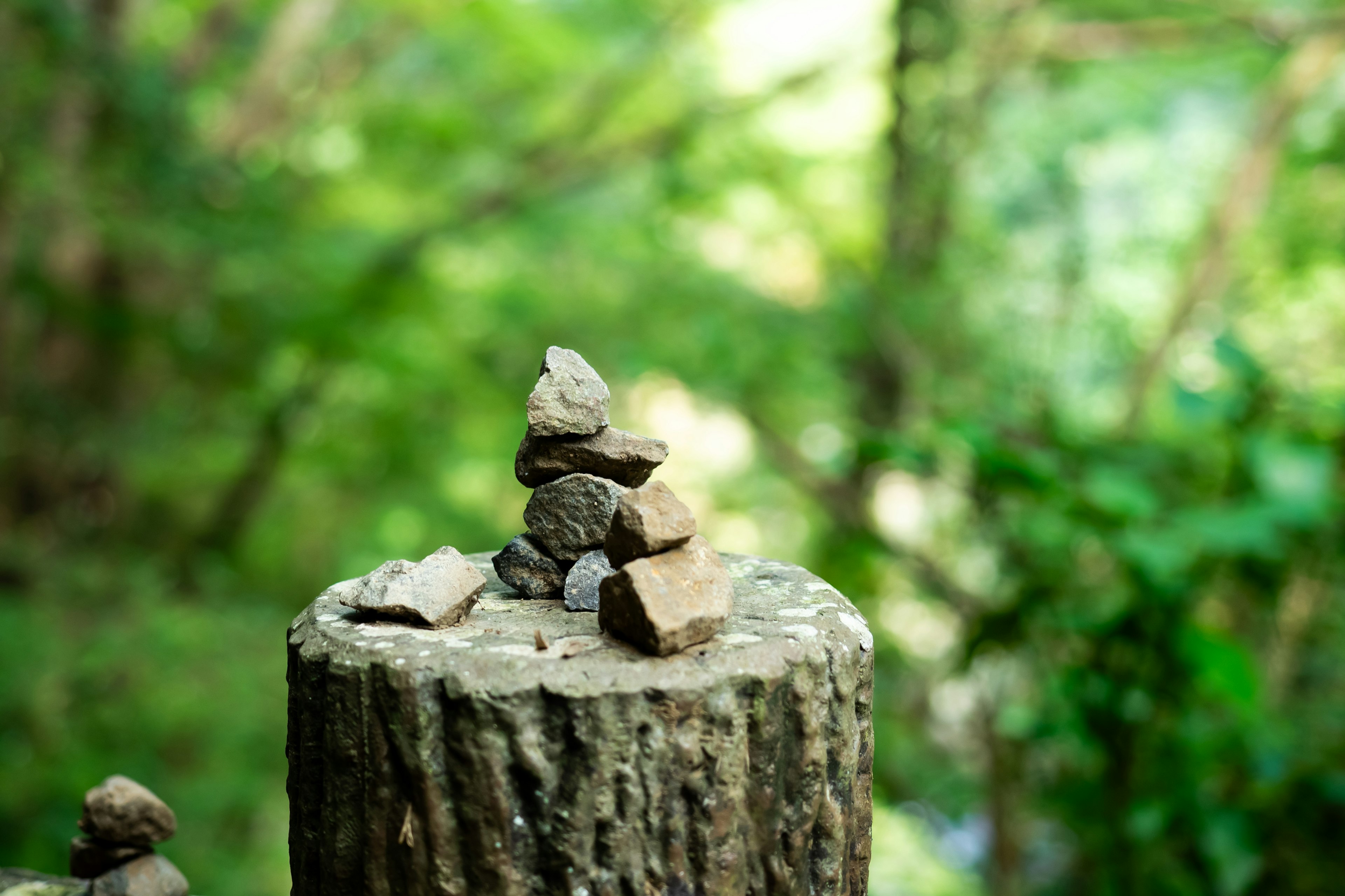 Petite pile de pierres sur une souche en bois avec un arrière-plan vert flou