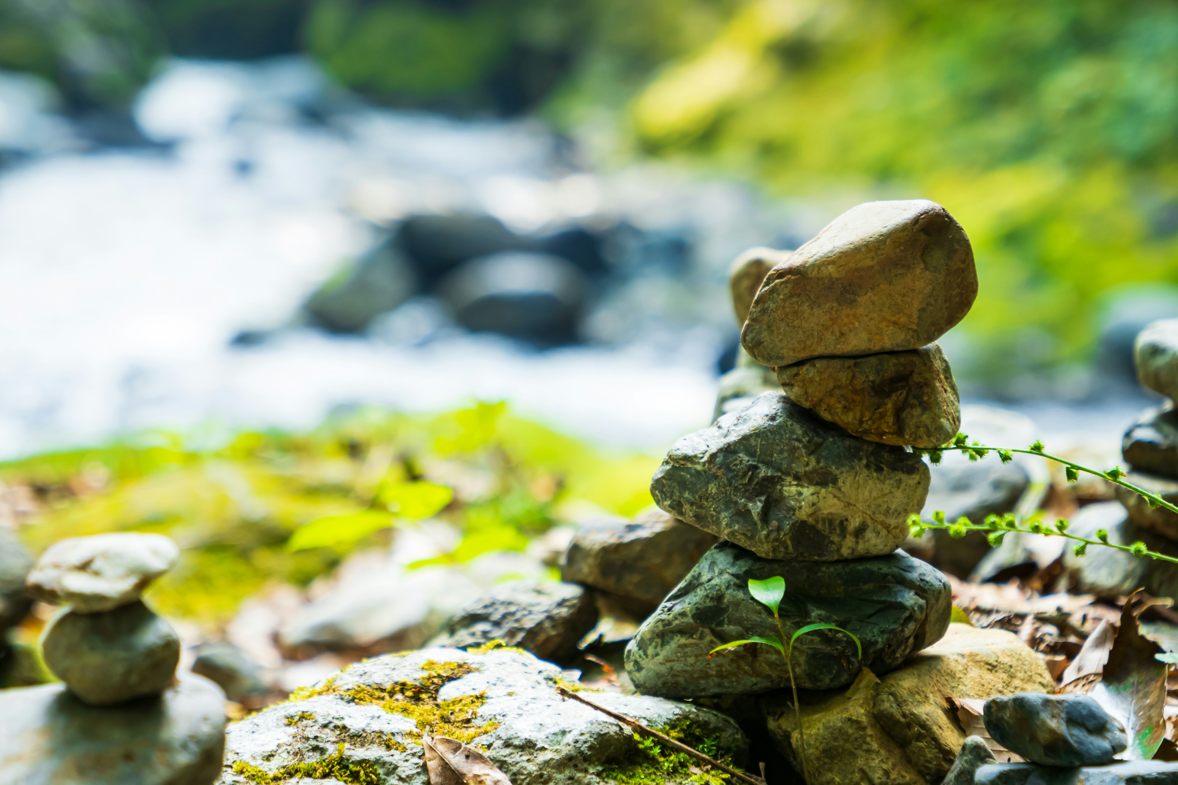 A stack of stones beside a stream with green moss and natural background