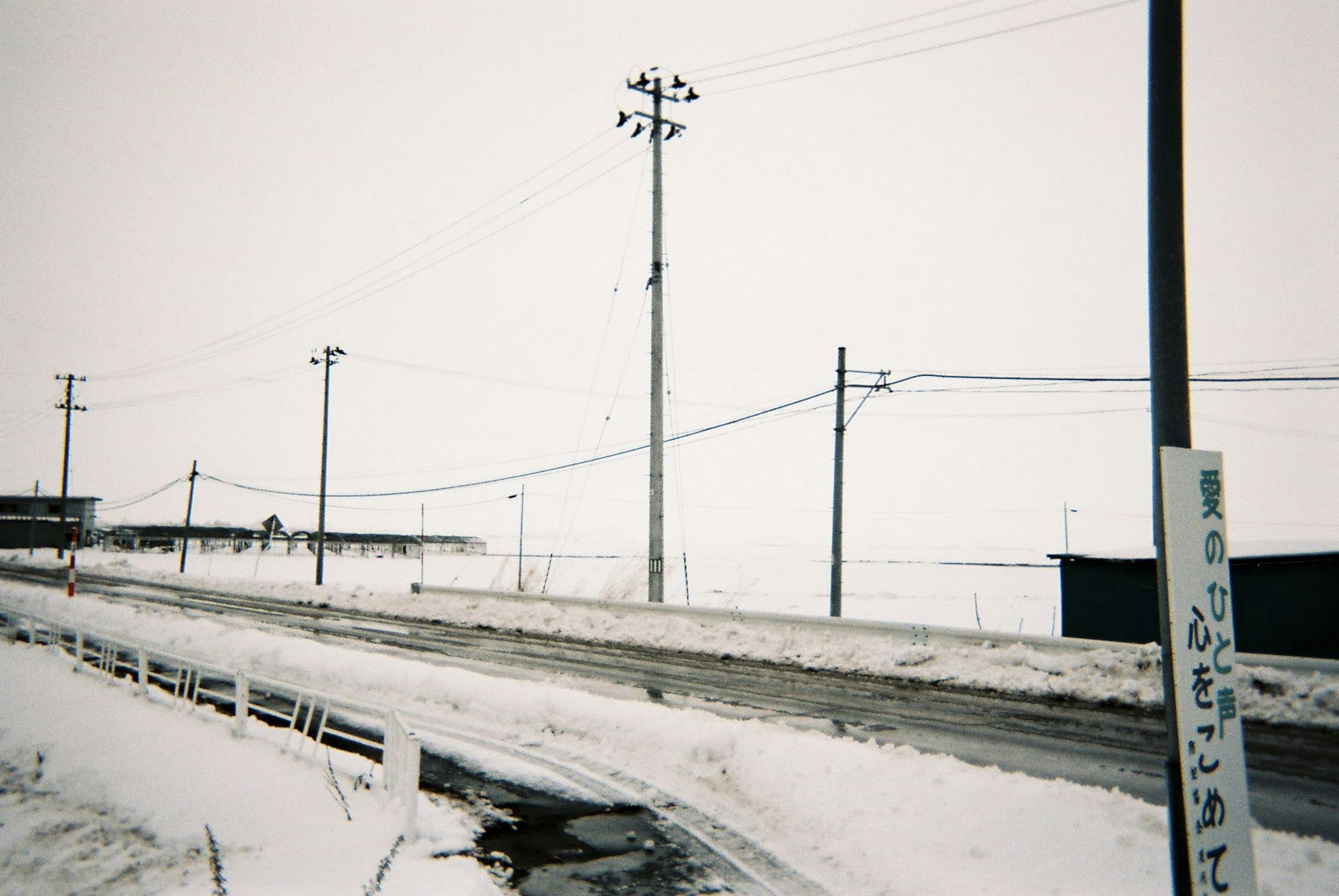 被雪覆蓋的道路與電線杆的安靜場景