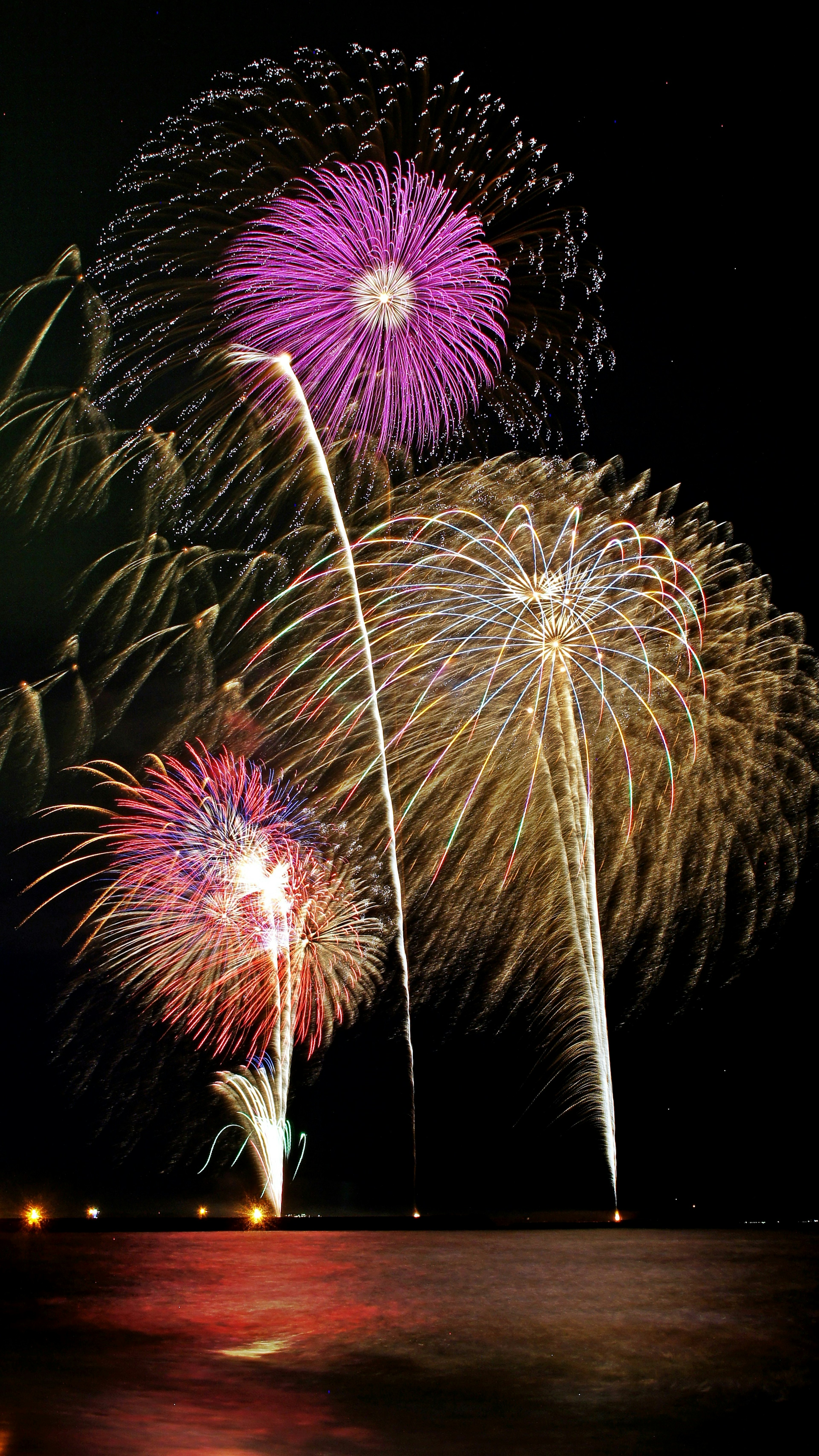 Fuochi d'artificio colorati che fioriscono nel cielo notturno