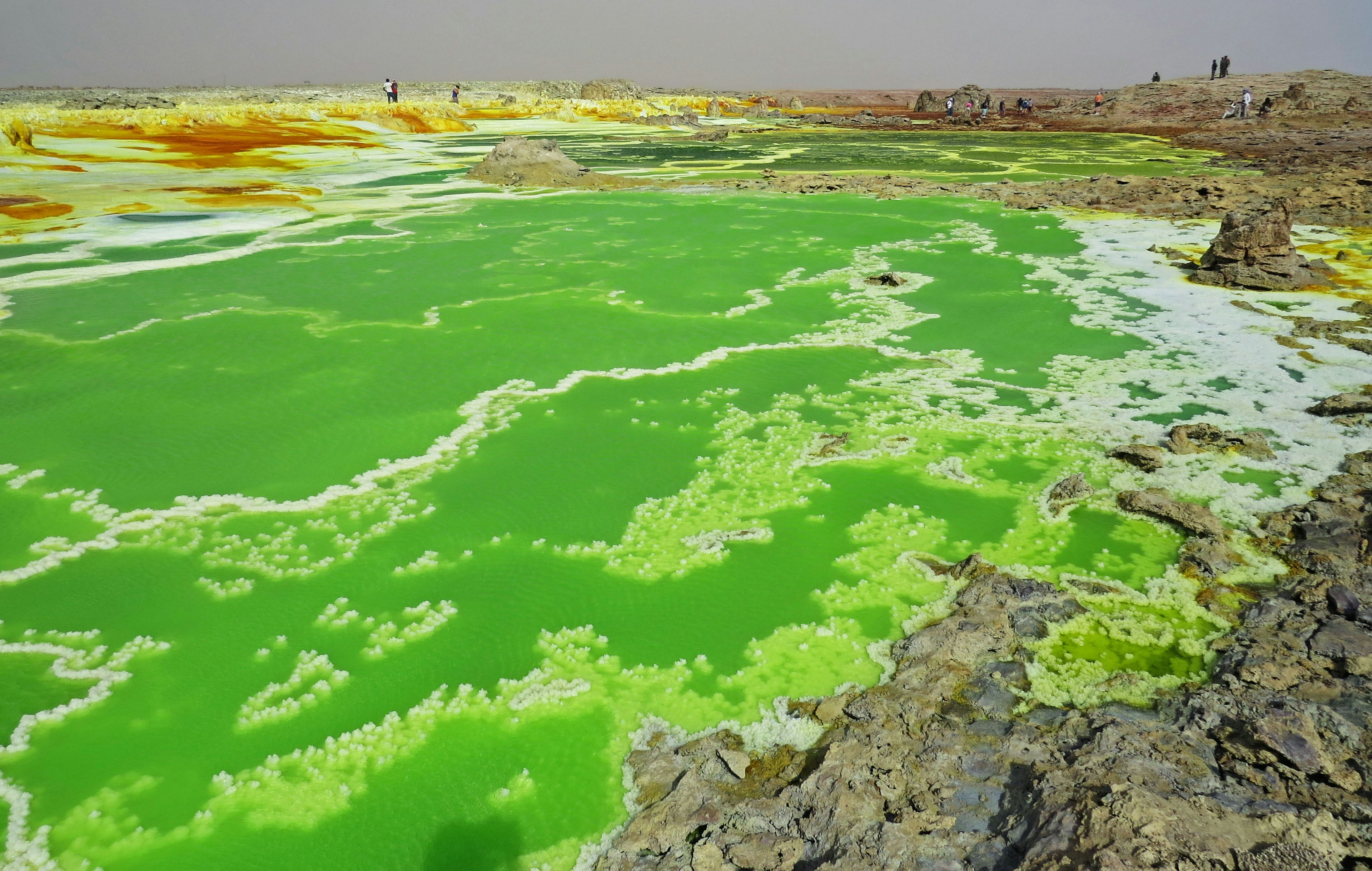 ทะเลสาบสีเขียวในทะเลทรายดานากิลเอธิโอเปียพร้อมเศษแร่สีเหลือง