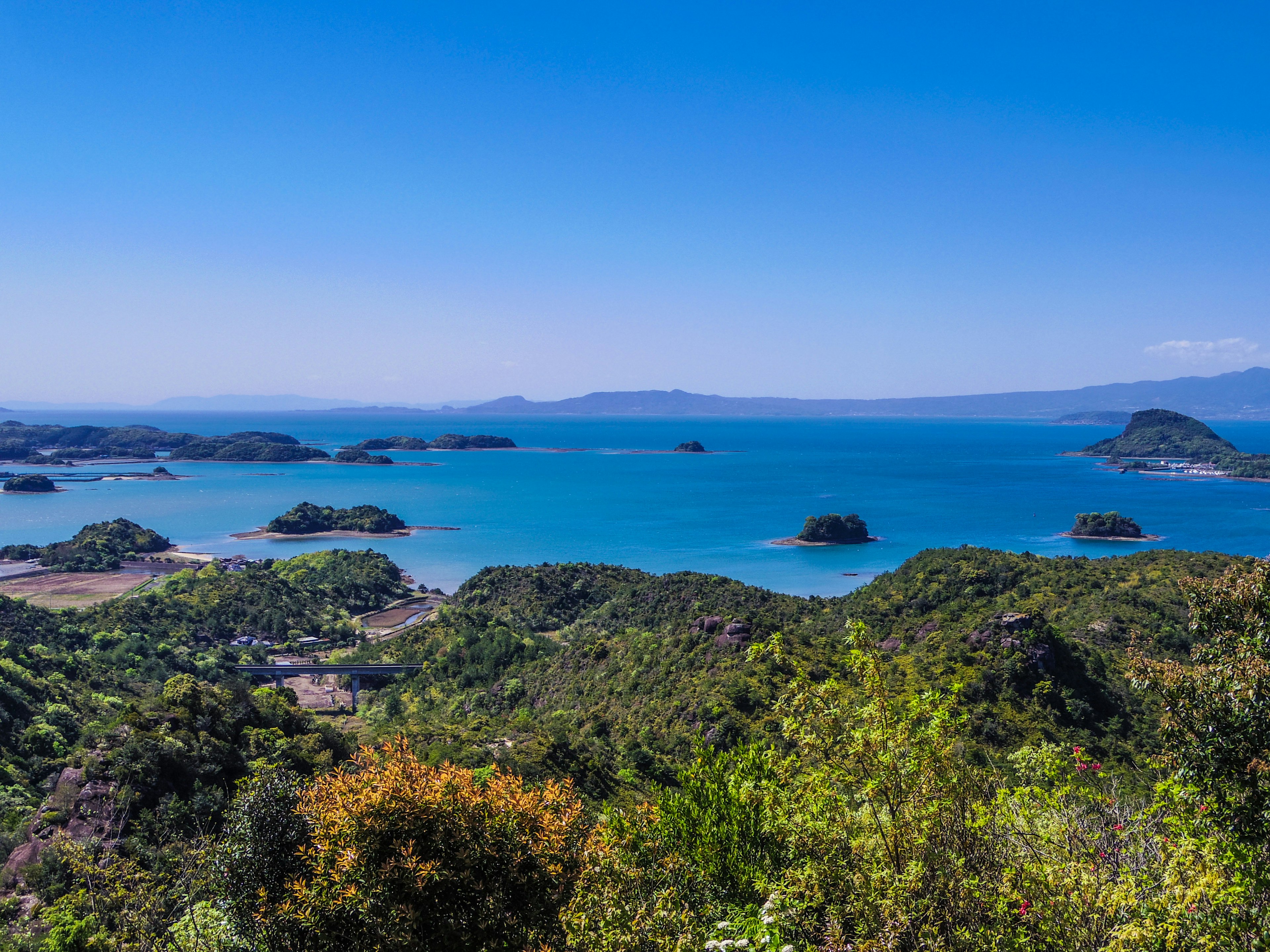 藍色海洋和綠色山丘的美景