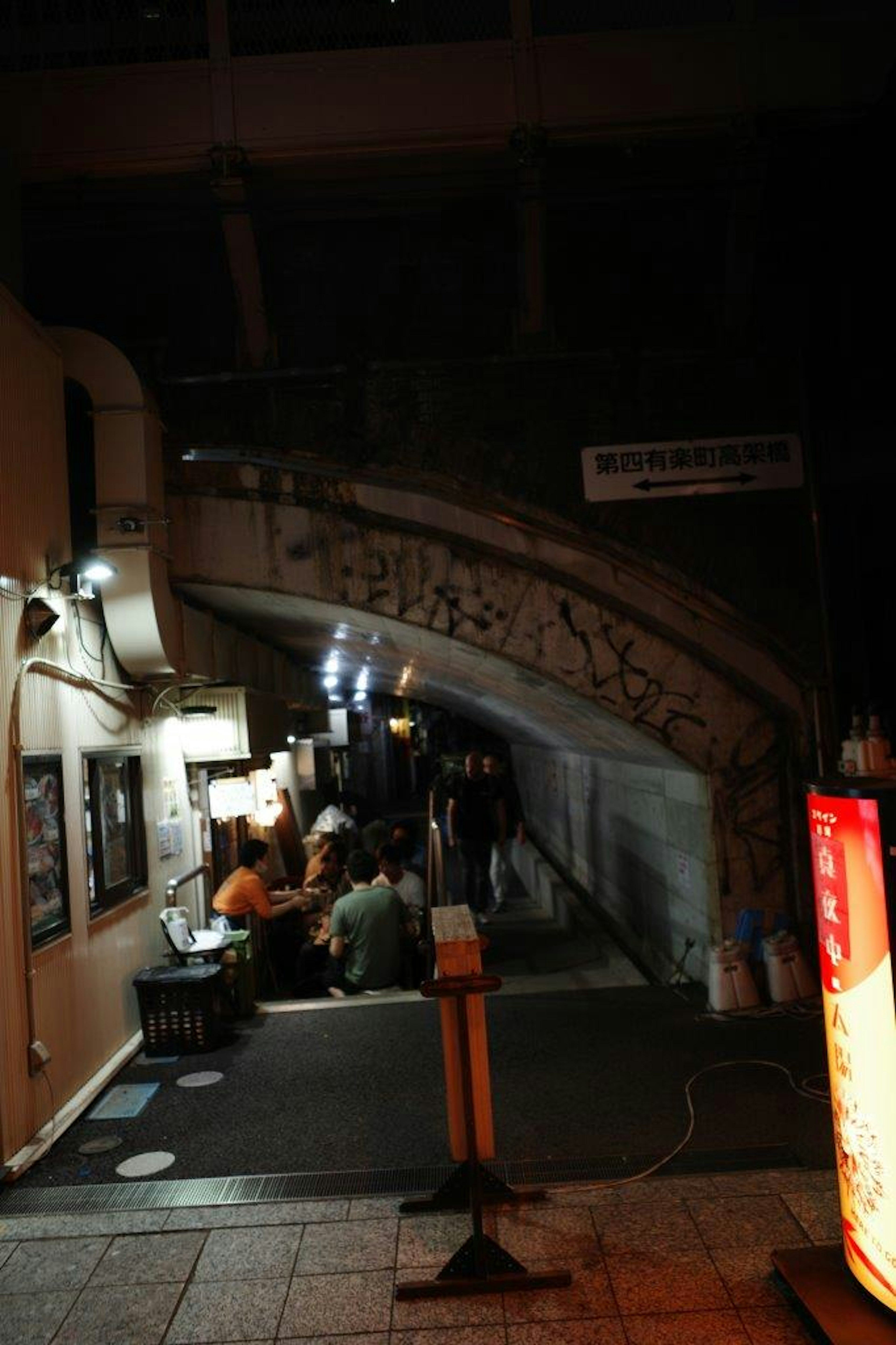 夜の街道に沿った飲食店の光景 橋の下に人々が集まる