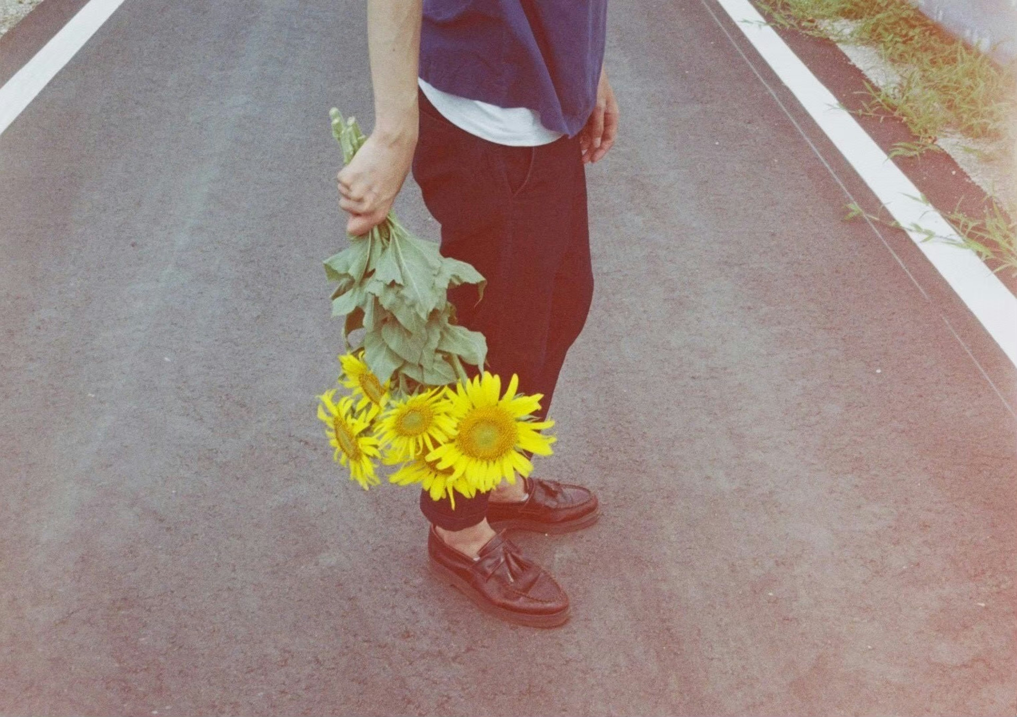 A person holding sunflowers while standing on a road