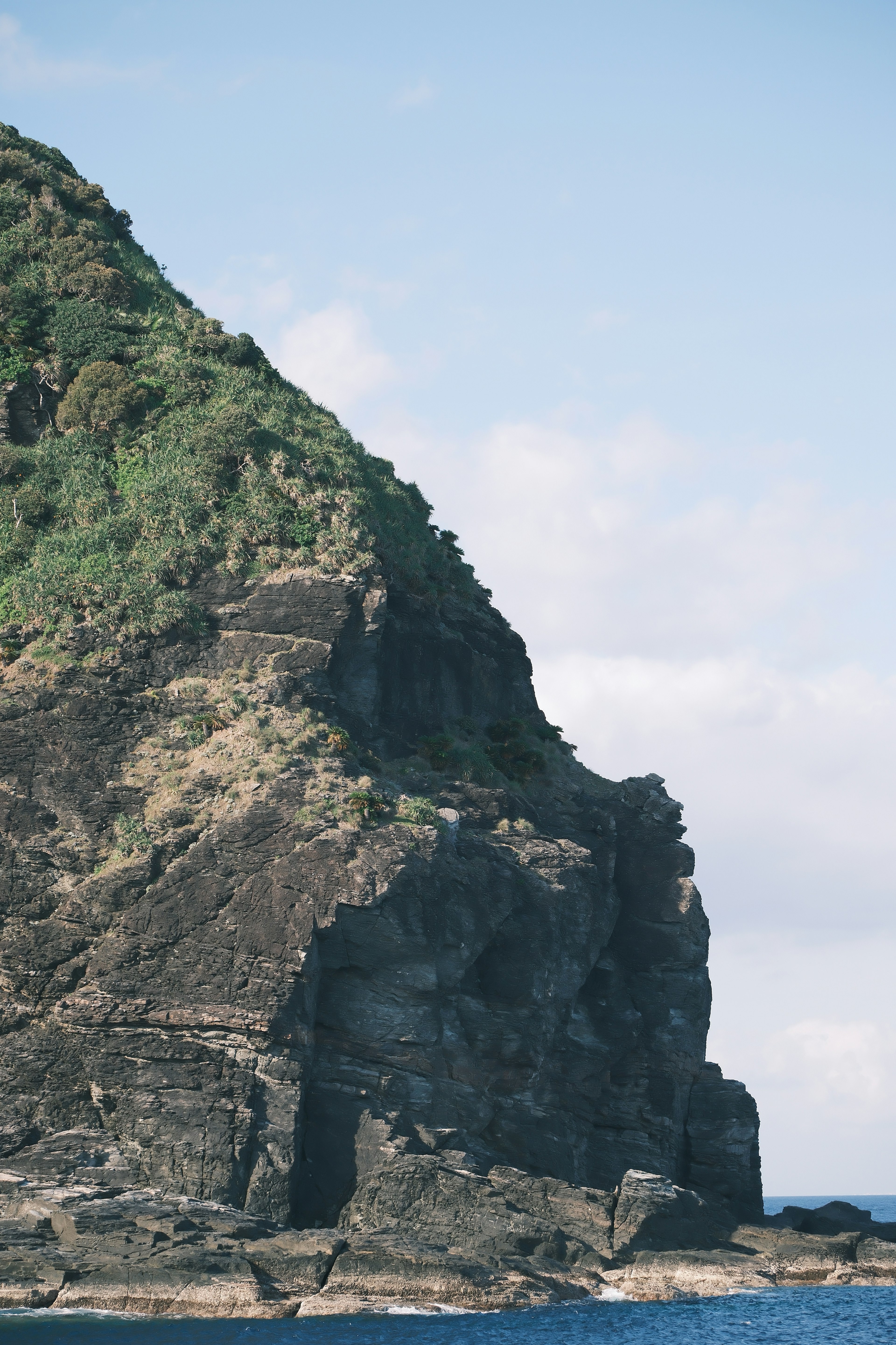 緑の植物に覆われた岩山の先端が青空の下にそびえる