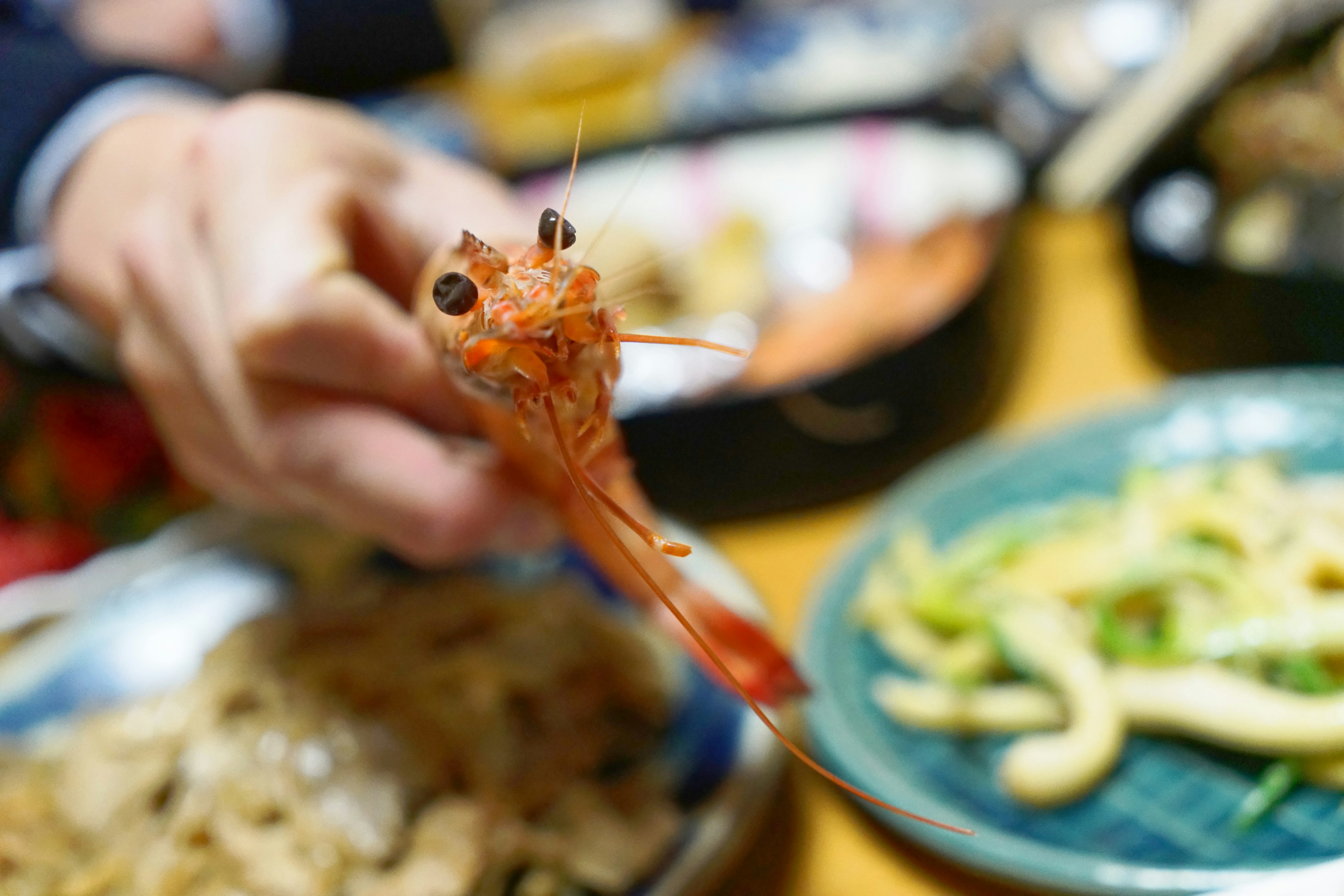 Un camarón fresco sostenido en la mano con platos japoneses tradicionales al fondo