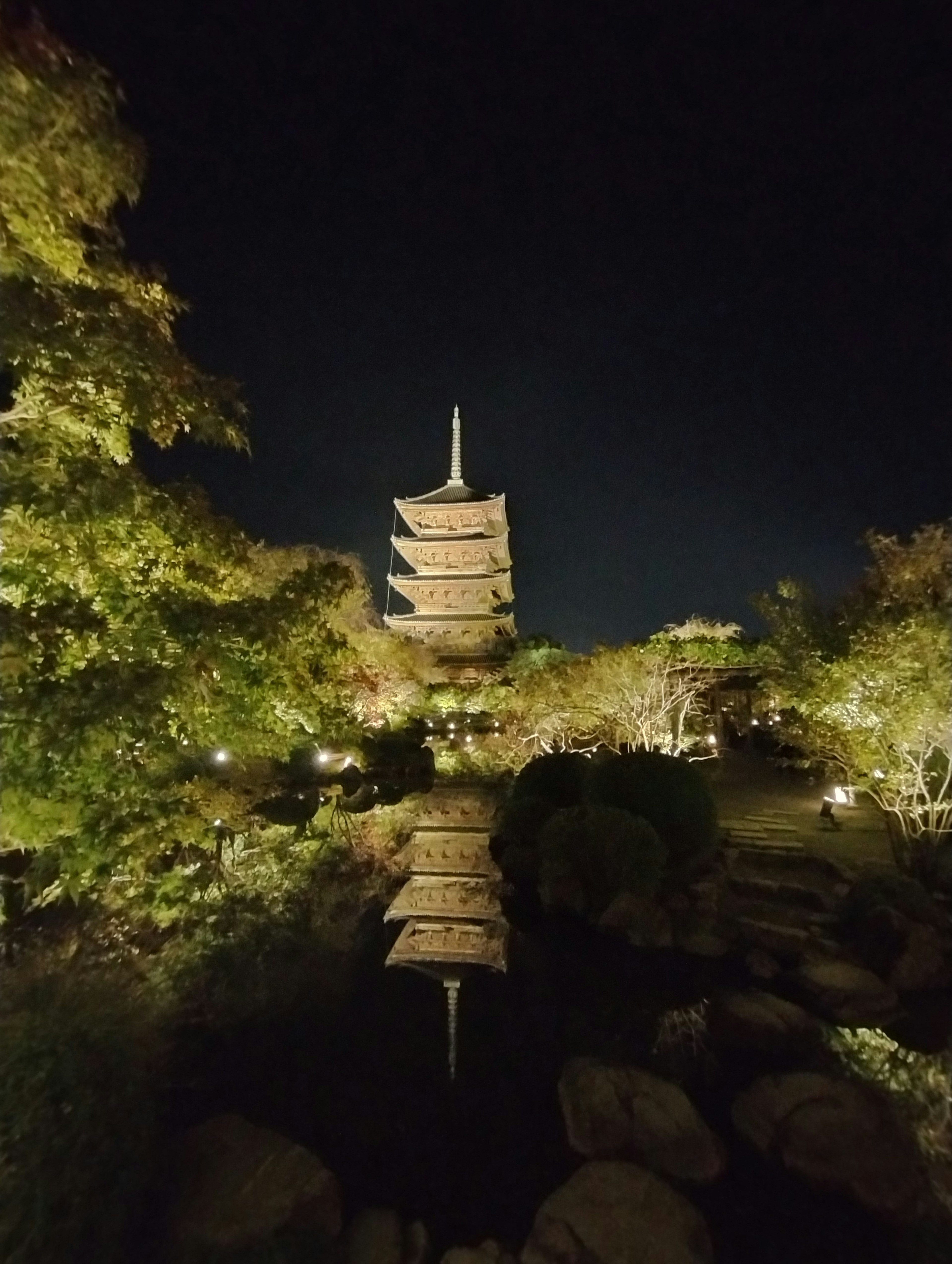 Pagoda de cinco pisos reflejada en un estanque rodeado de vegetación por la noche