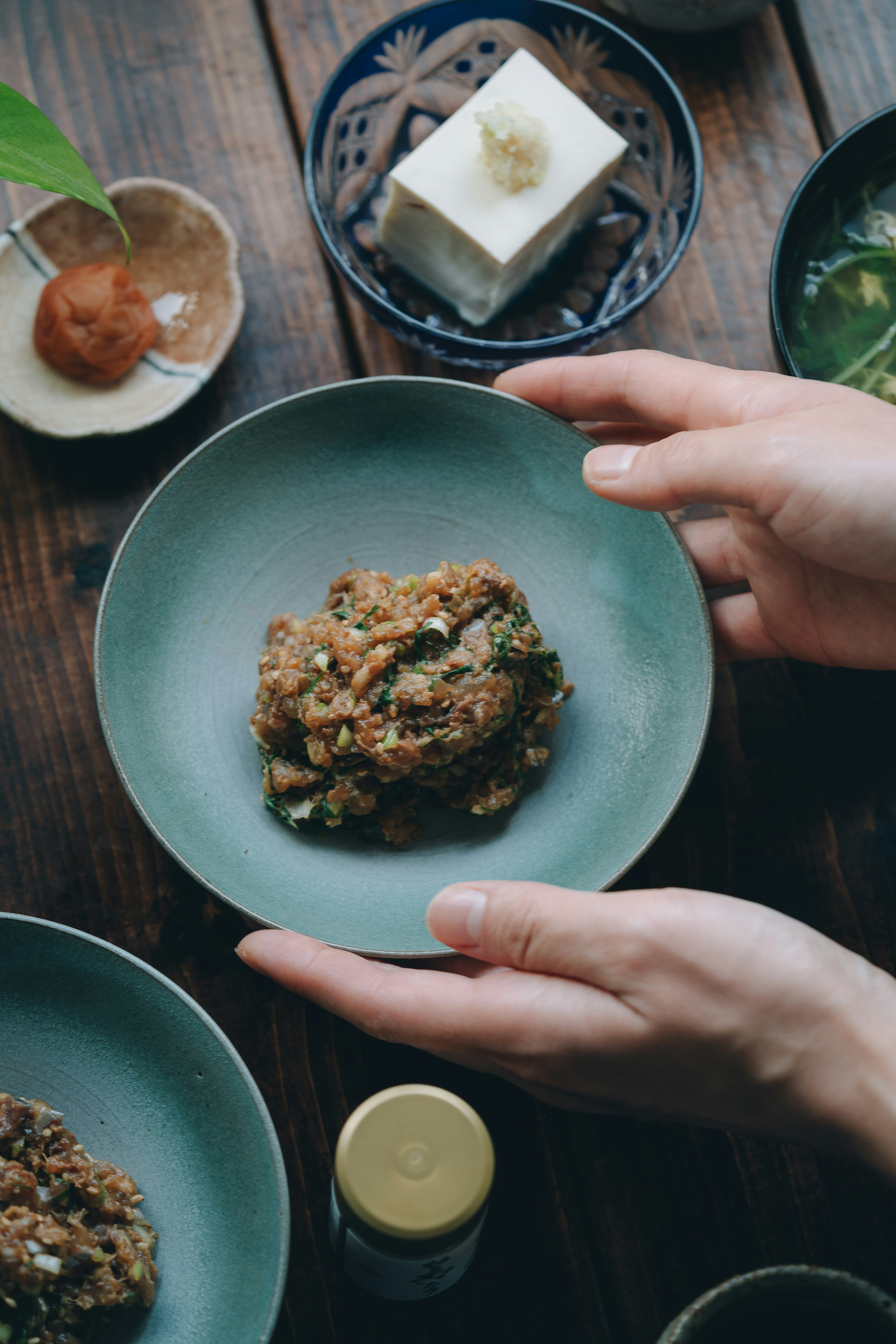 Une personne tenant une assiette verte avec un plat et des petites assiettes autour contenant du tofu et des condiments