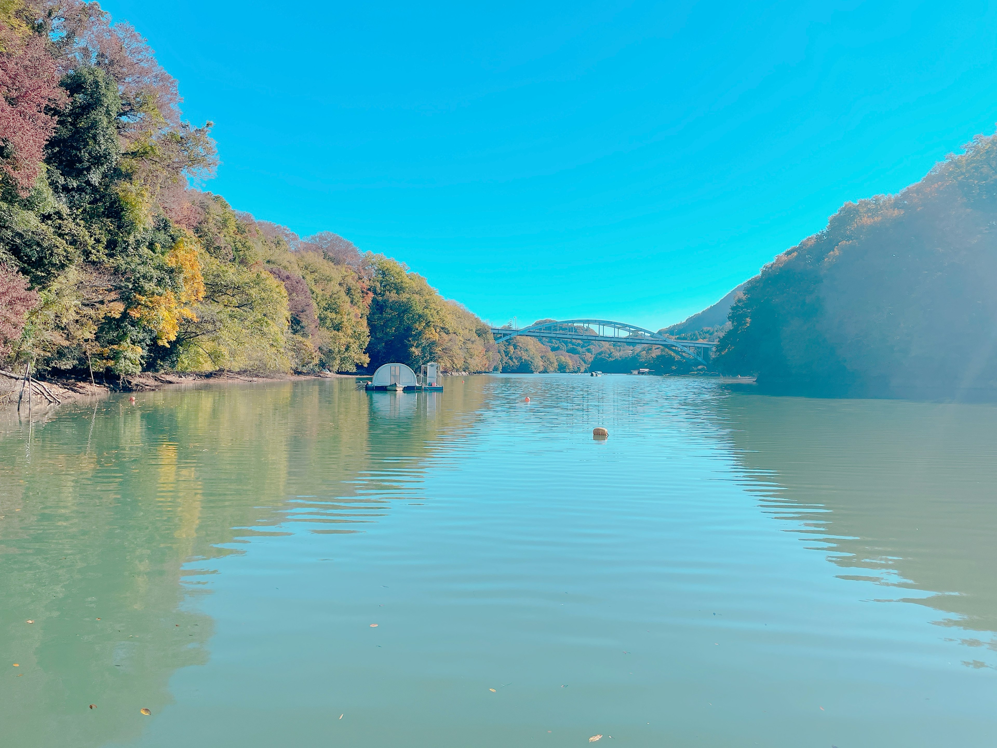 Malersicher Blick auf ruhiges Wasser, das einen klaren blauen Himmel widerspiegelt, umgeben von bunten Bäumen