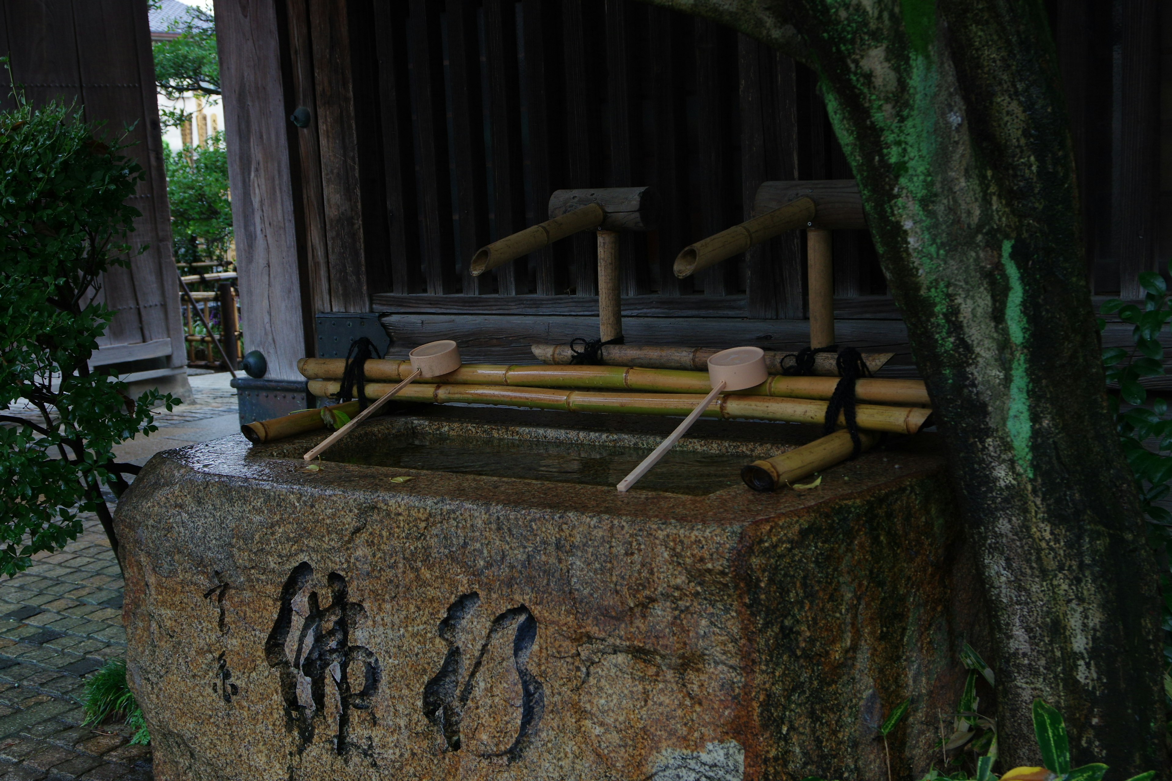 Ruhige Gartenszene mit einem Wasserbecken aus Bambus und einem Steinfundament