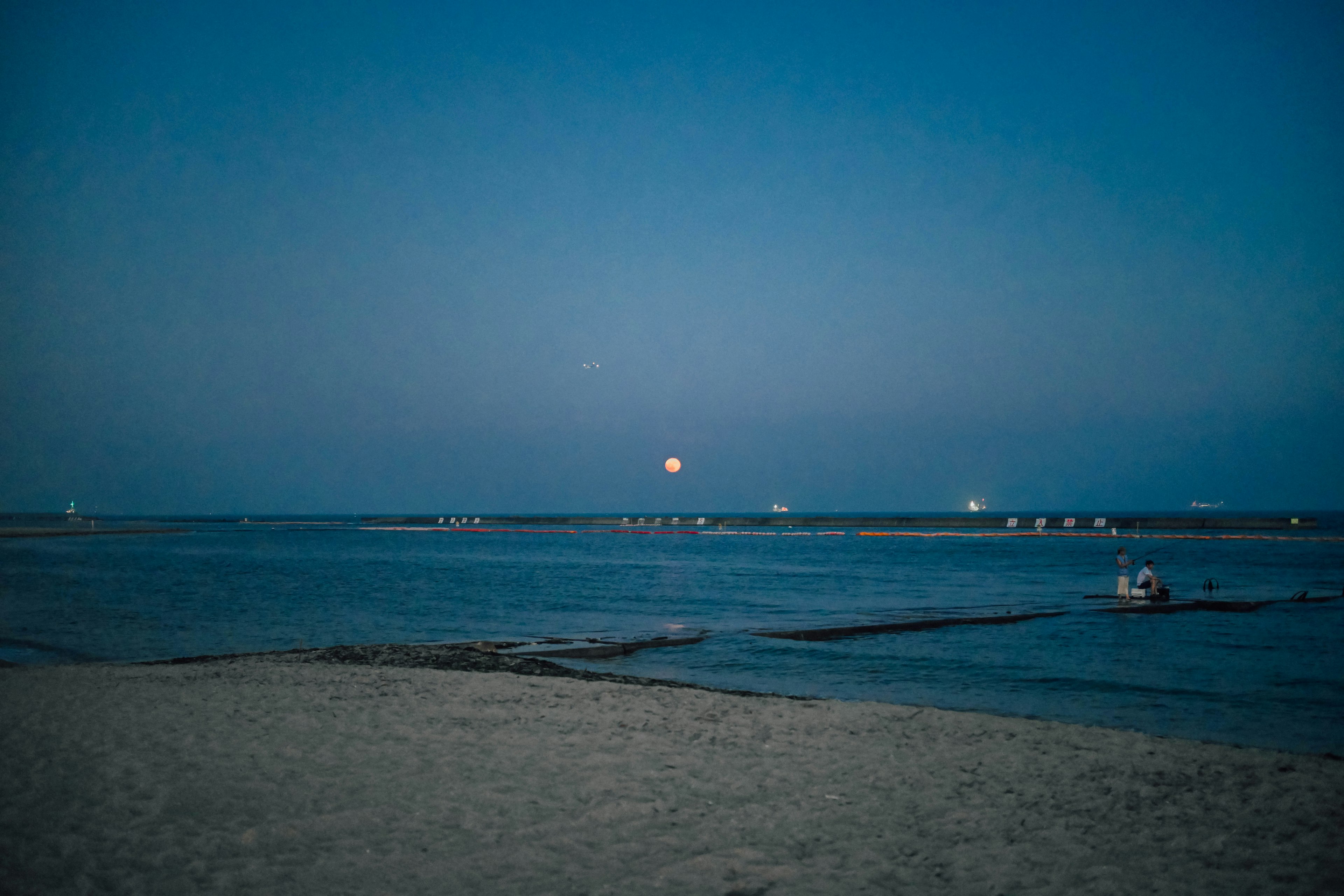 ทิวทัศน์ยามค่ำคืนของมหาสมุทรที่มีพระจันทร์เต็มดวงและชายหาดทราย